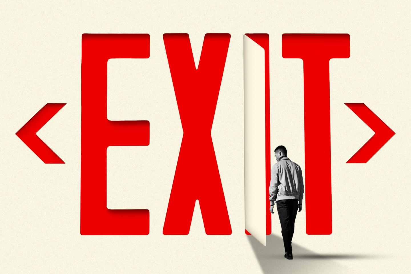 Photo illustration of a large red EXIT sign with the "I" opening like a door and a young Gen Z man walking toward it.