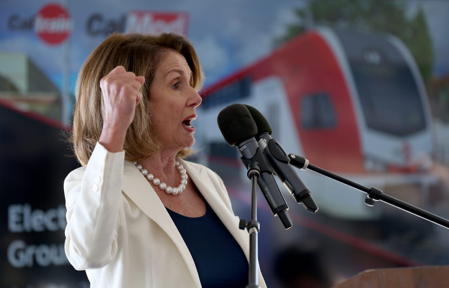 Nancy Pelosi speaks at a groundbreaking ceremony for Caltrain's electrification project in Millbrae, California in 2017.