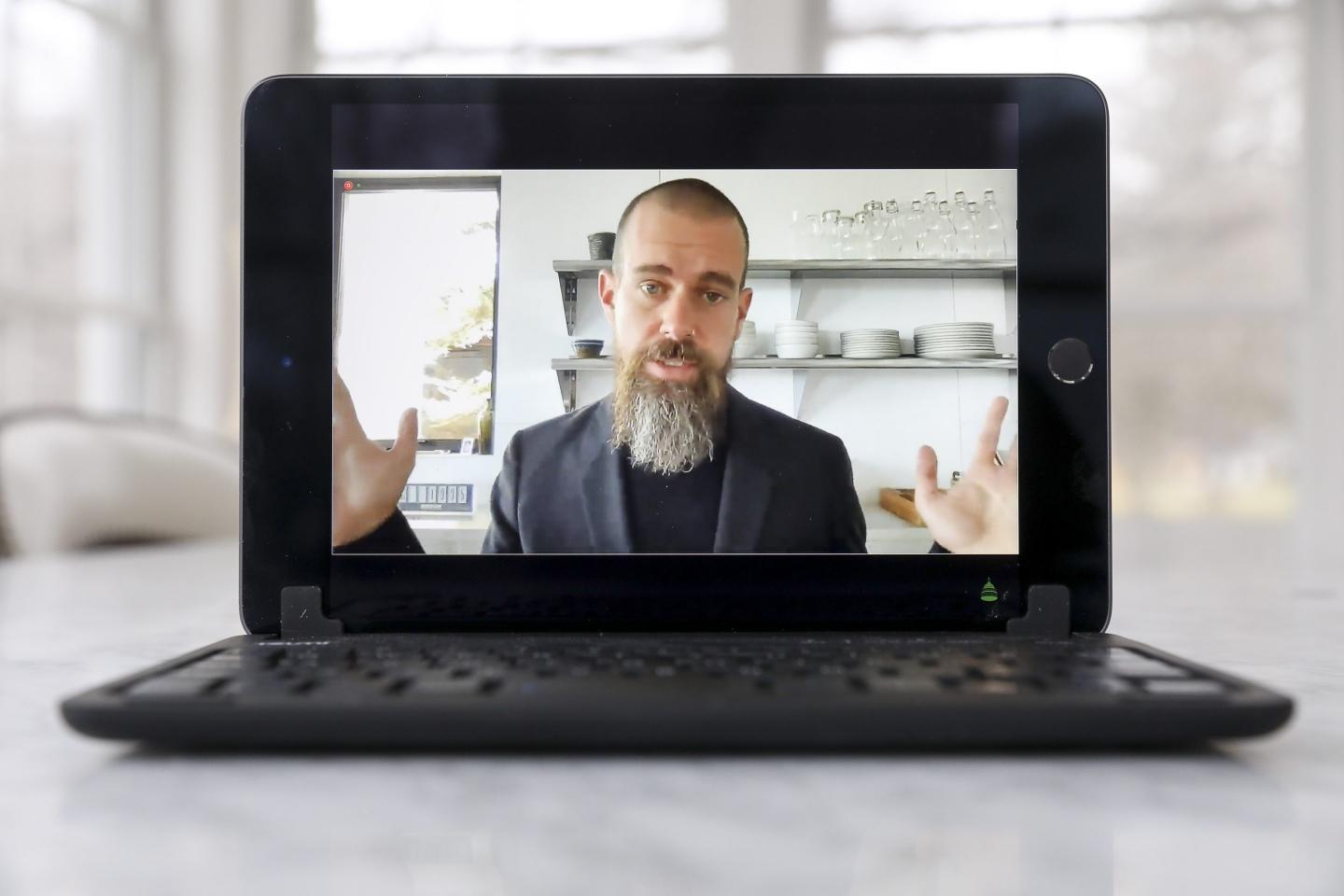 Jack Dorsey, CEO of Block, speaks virtually during a congressional committee hearing in 2021.