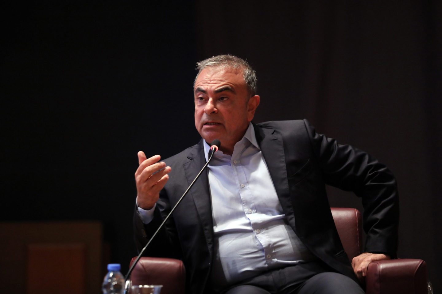 Carlos Ghosn, former Nissan CEO, speaks at a roundtable event at St Joseph University in Beirut, on Oct. 28, 2021.