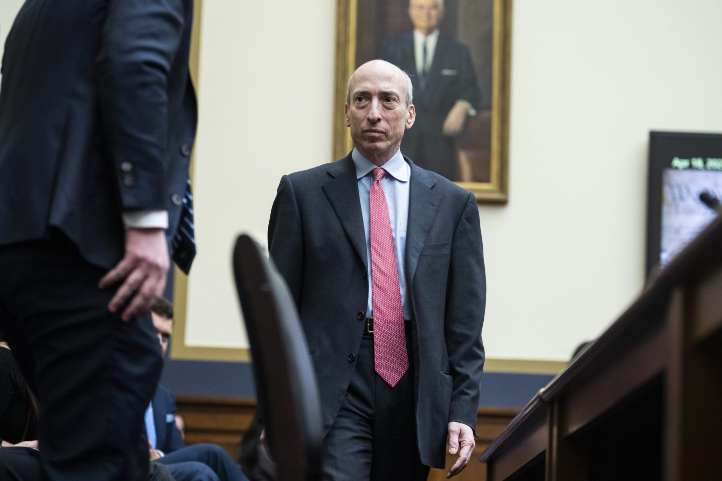 SEC Chair Gary Gensler arrives a House hearing on April 18, 2023.