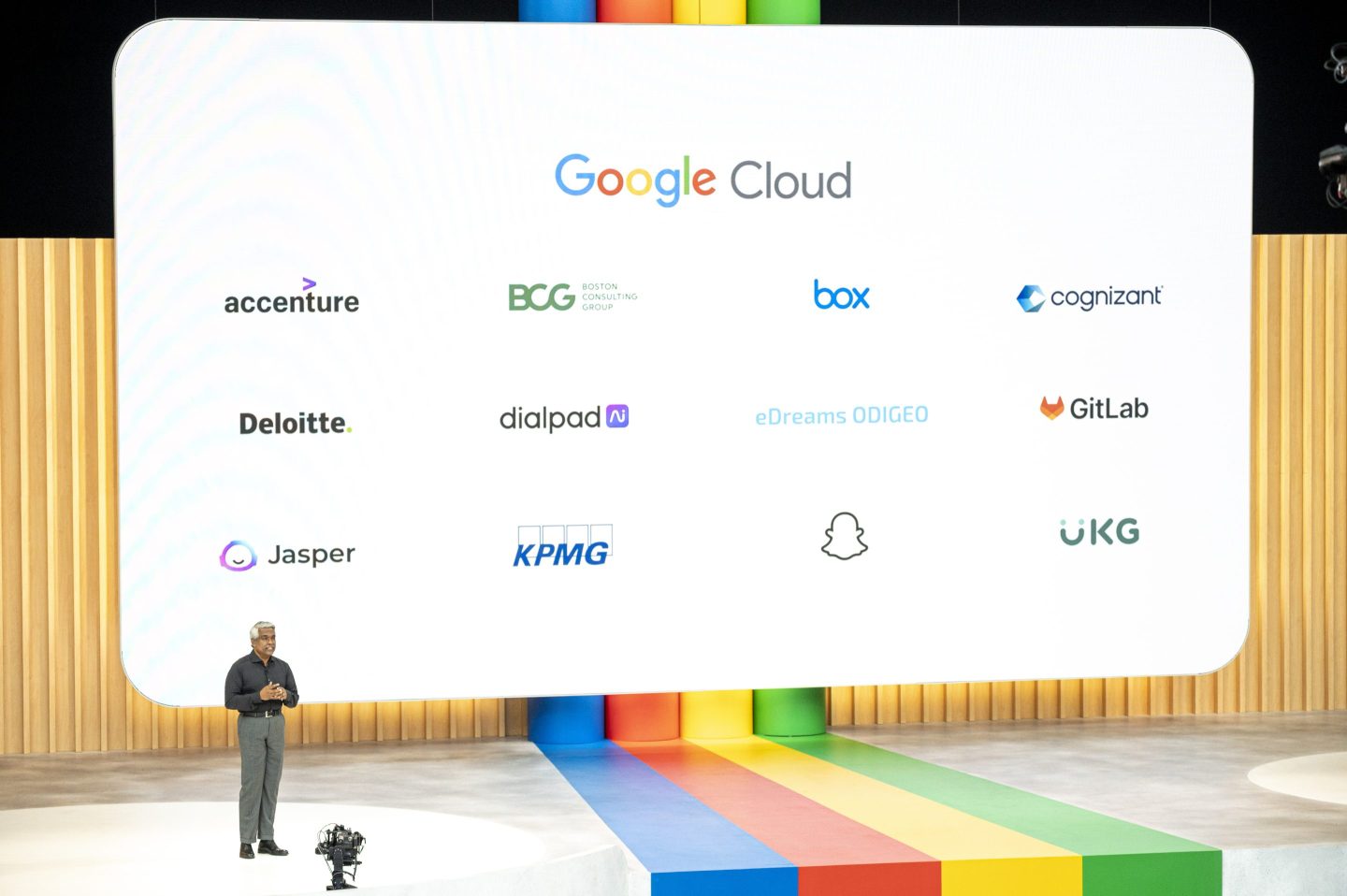 Thomas Kurian speaks on stage at a recent conference.