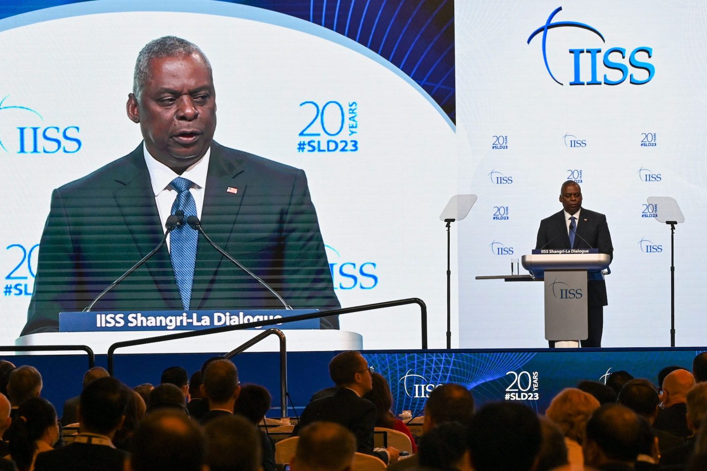 US Secretary of Defense Lloyd Austin speaks during the 20th Shangri-La Dialogue summit in Singapore on Saturday.