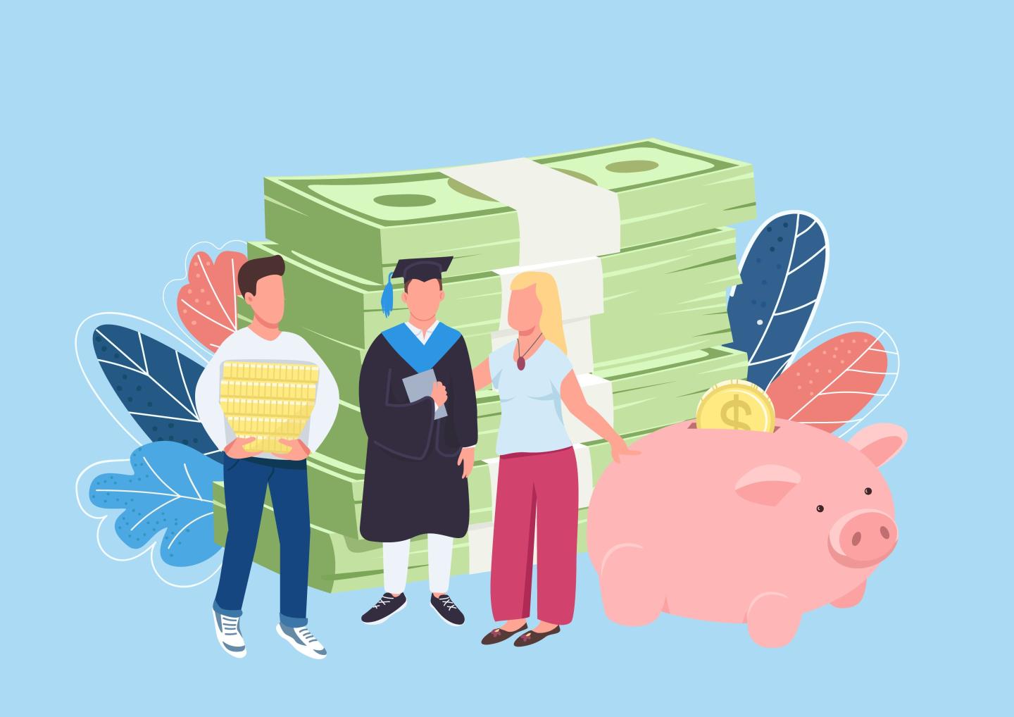 An illustration of parents paying for college tuition for their children