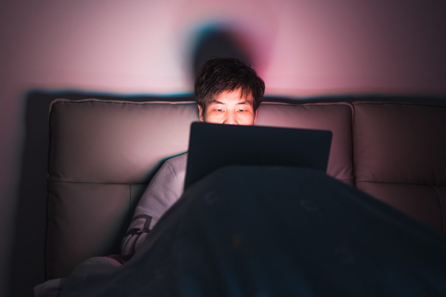 At night, a young man sits in bed and uses a laptop