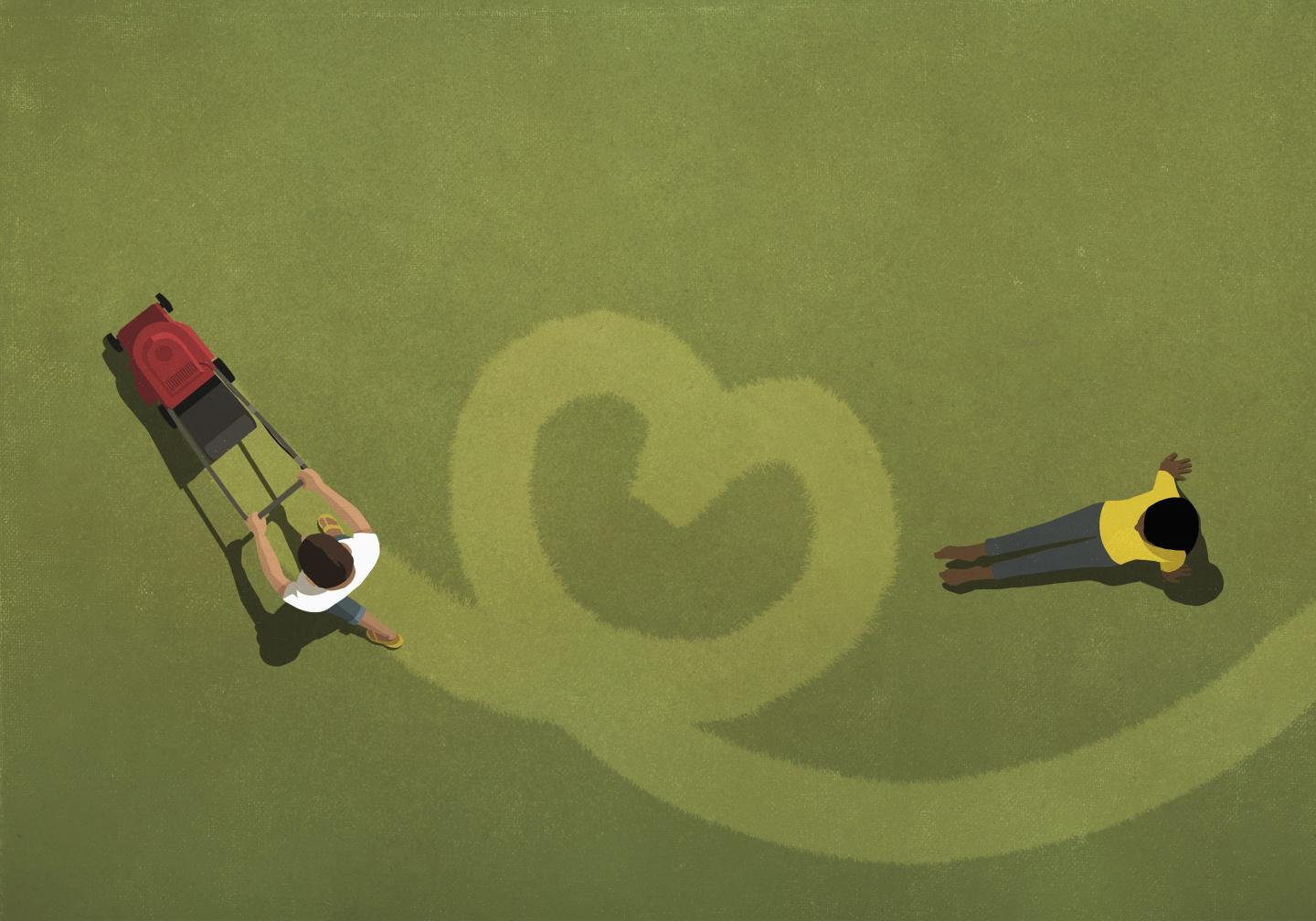 An illustration of a couple siting on a lawn mowing a heart into it.