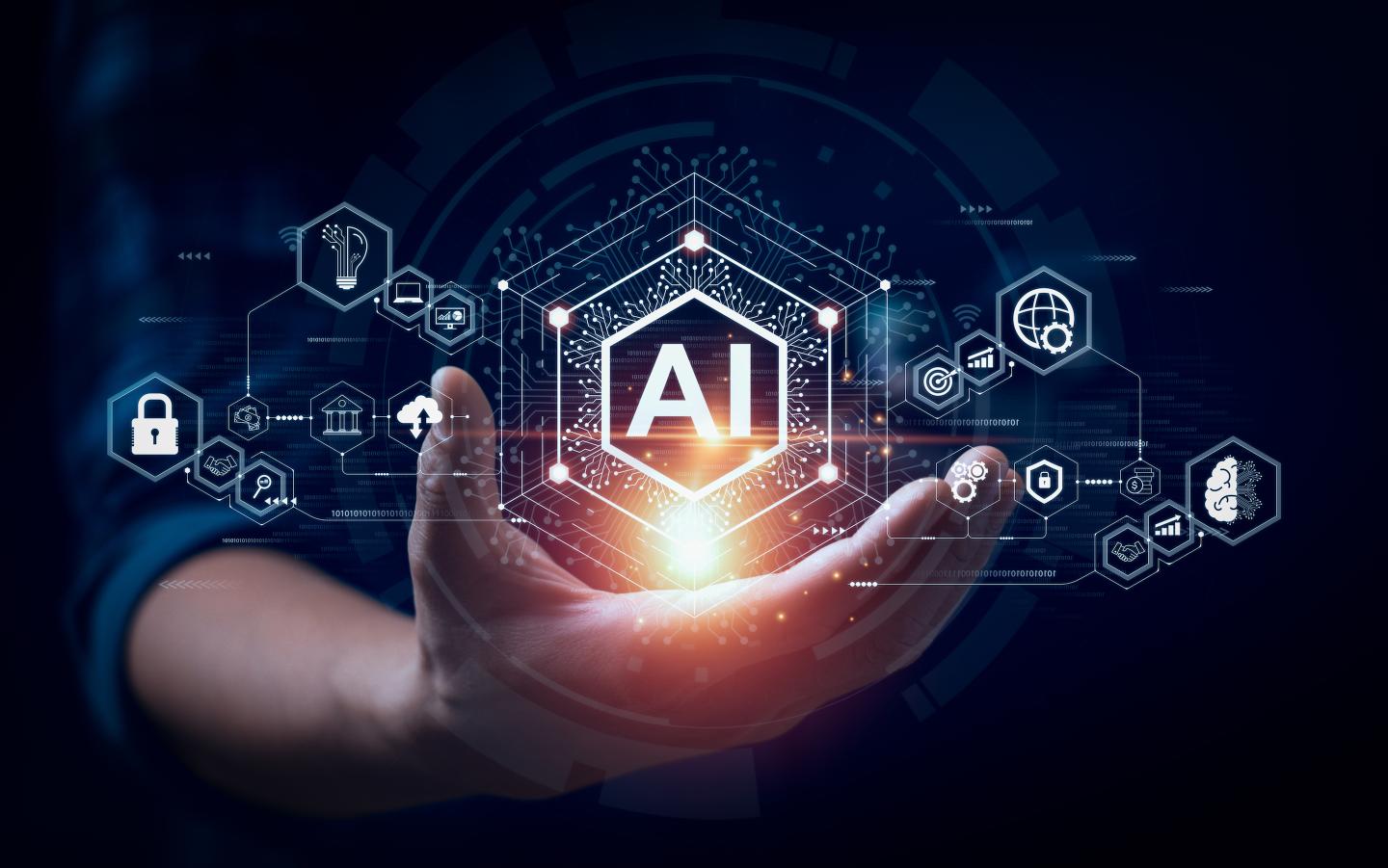 Artistic photo illustration of a hand holding a symbol of AI