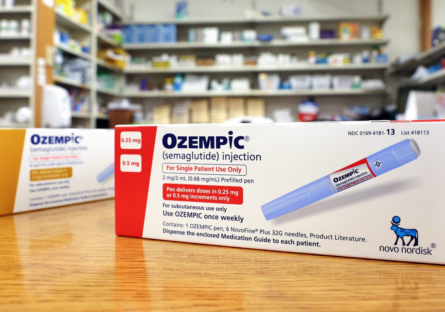 Boxes of the diabetes drug Ozempic rest on a pharmacy counter on April 17, 2023 in Los Angeles, California..