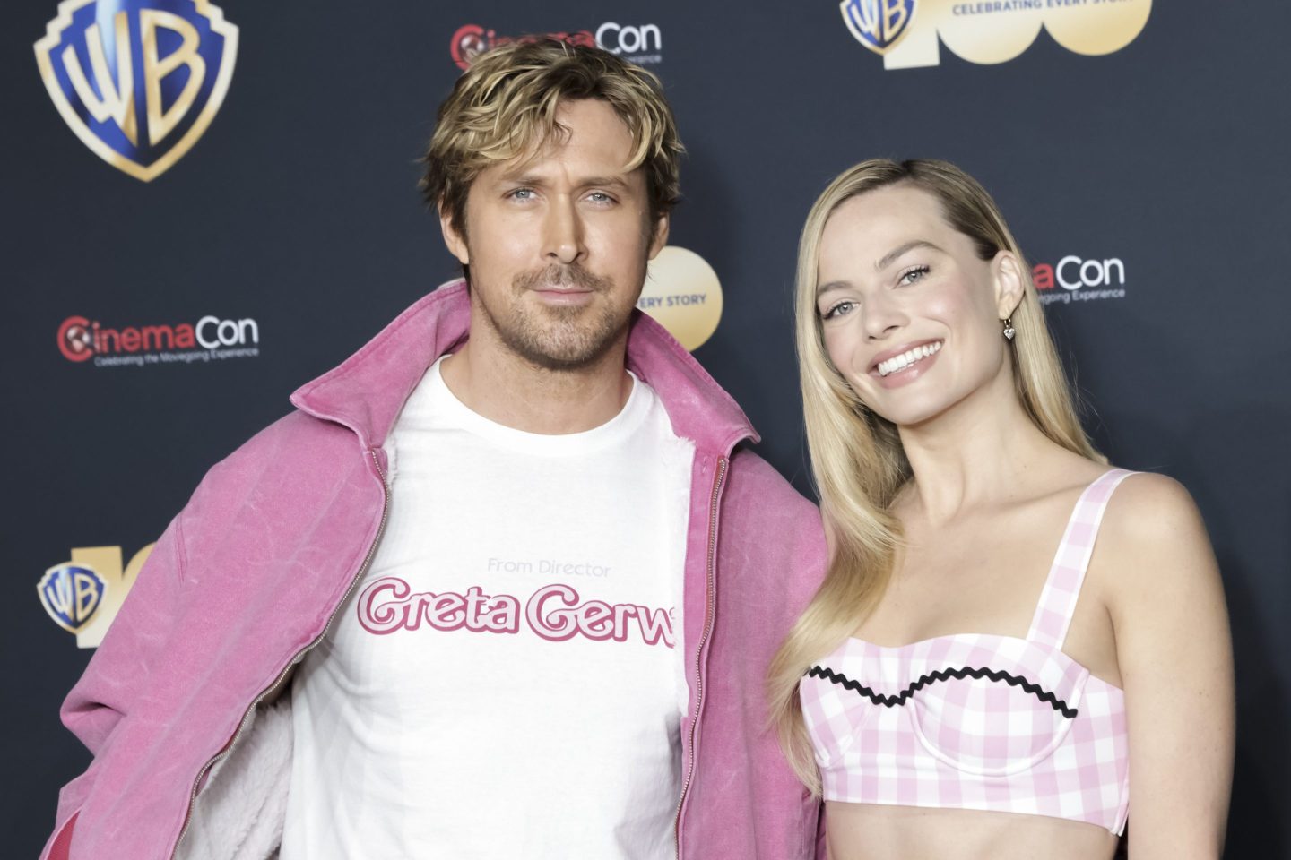 Ryan Gosling and Margo Robbie attend the red carpet promoting the upcoming film "Barbie" at the Warner Bros. Pictures Studio presentation during CinemaCon, the official convention of the National Association of Theatre Owners, at The Colosseum at Caesars Palace on April 25, 2023 in Las Vegas, Nevada.