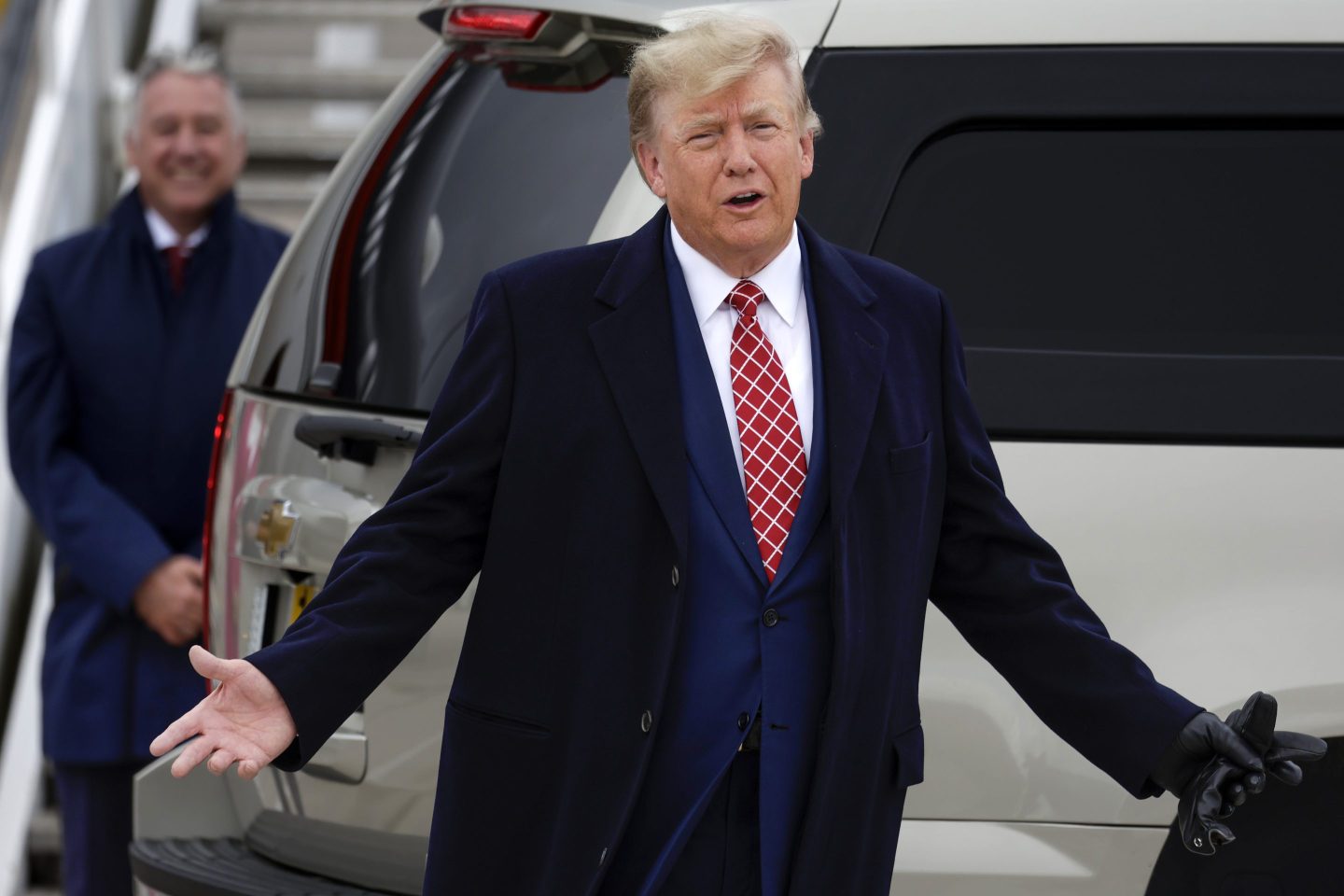 Former U.S. President Donald Trump disembarks his plane "Trump Force One" at Aberdeen Airport on May 1, 2023 in Aberdeen, Scotland.