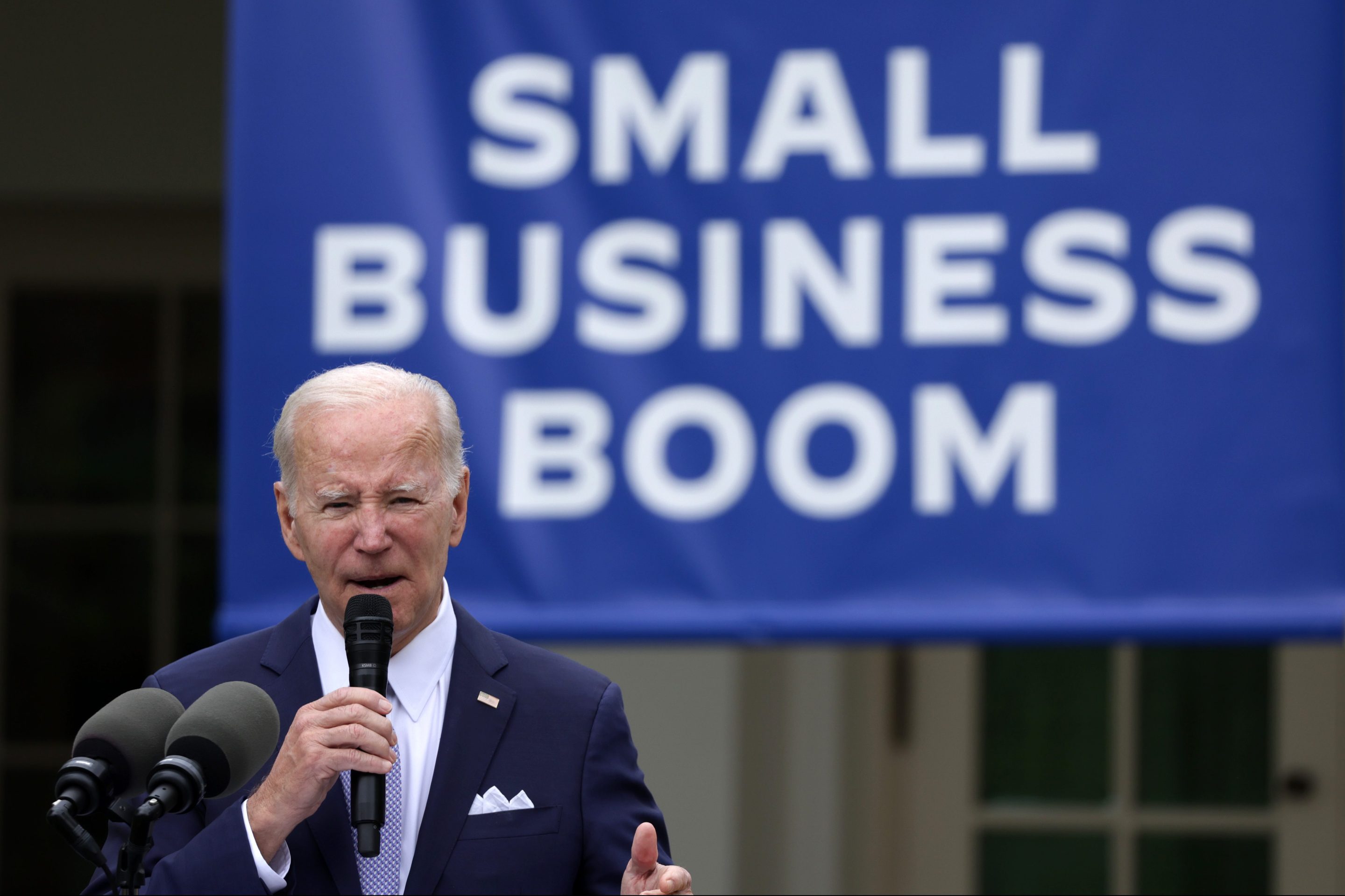 U.S. President Joe Biden speaks during a Rose Garden event at the White House to mark National Small-Business Week on May 1, 2023, in Washington, D.C. 