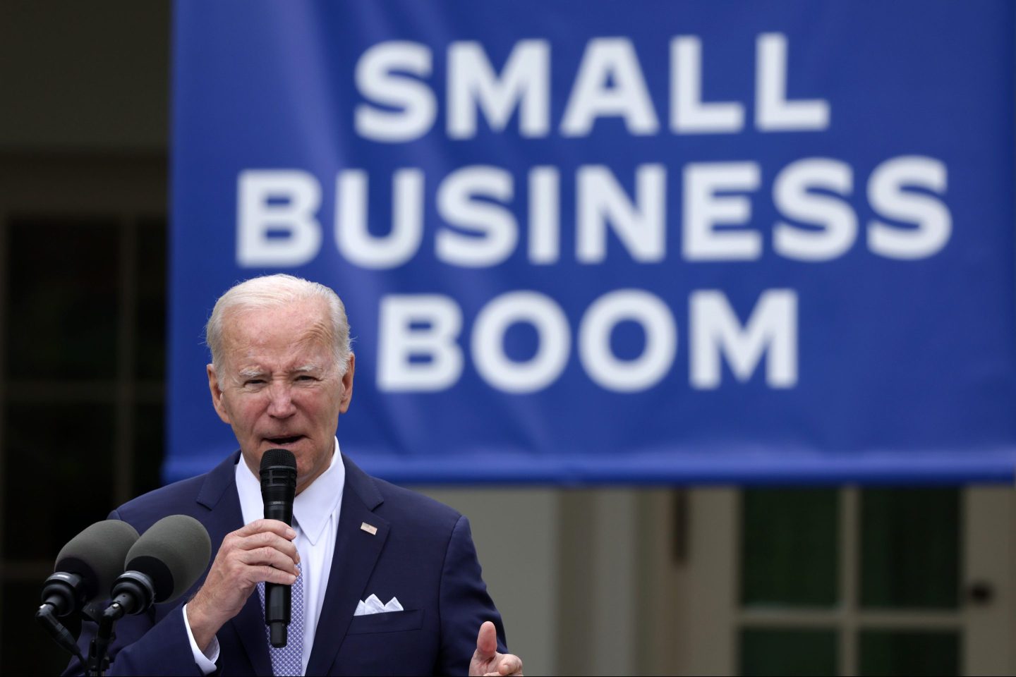 U.S. President Joe Biden speaks during a Rose Garden event at the White House to mark National Small-Business Week on May 1, 2023, in Washington, D.C.