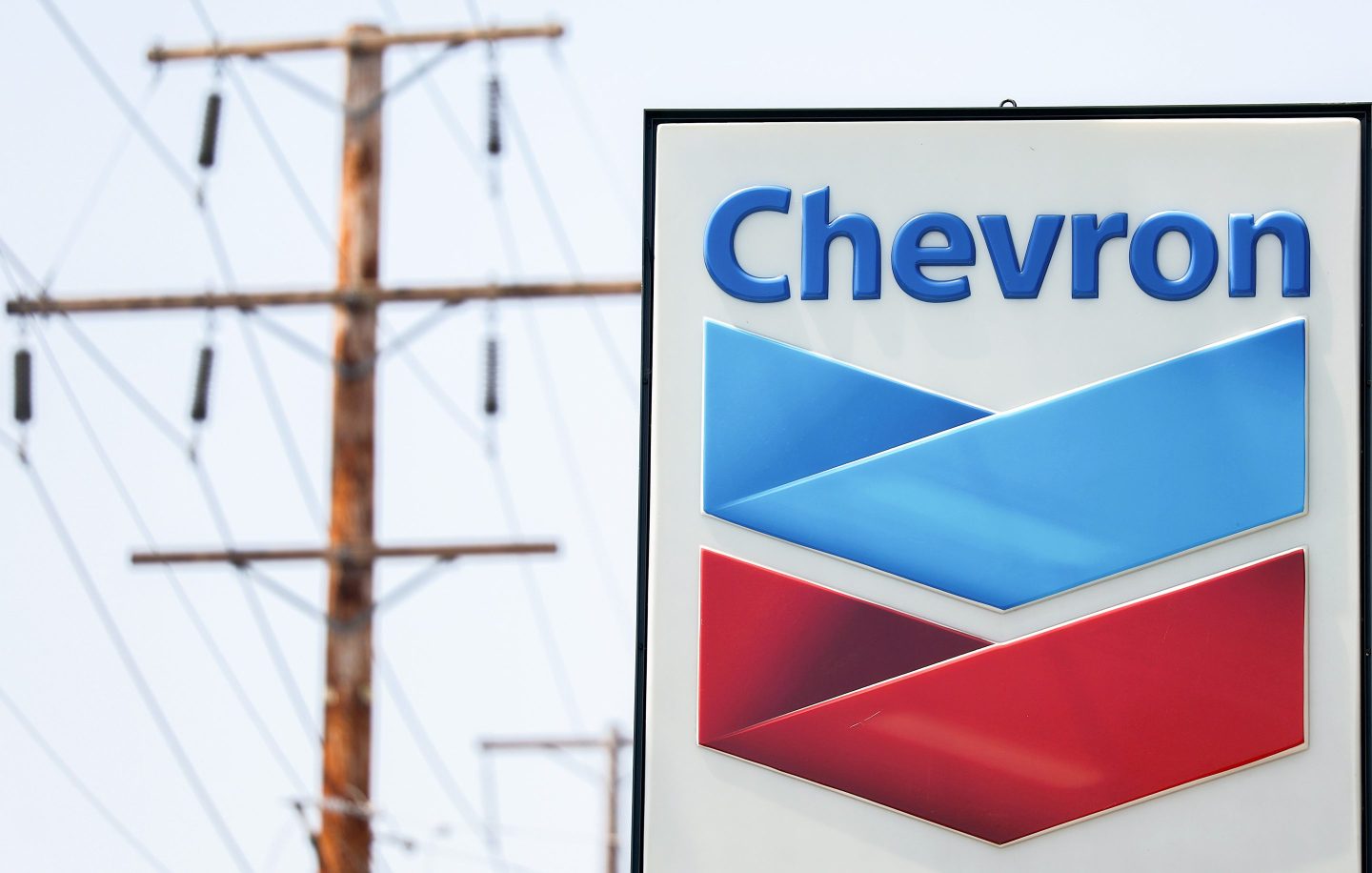 The Chevron logo is displayed at a Chevron gas station
