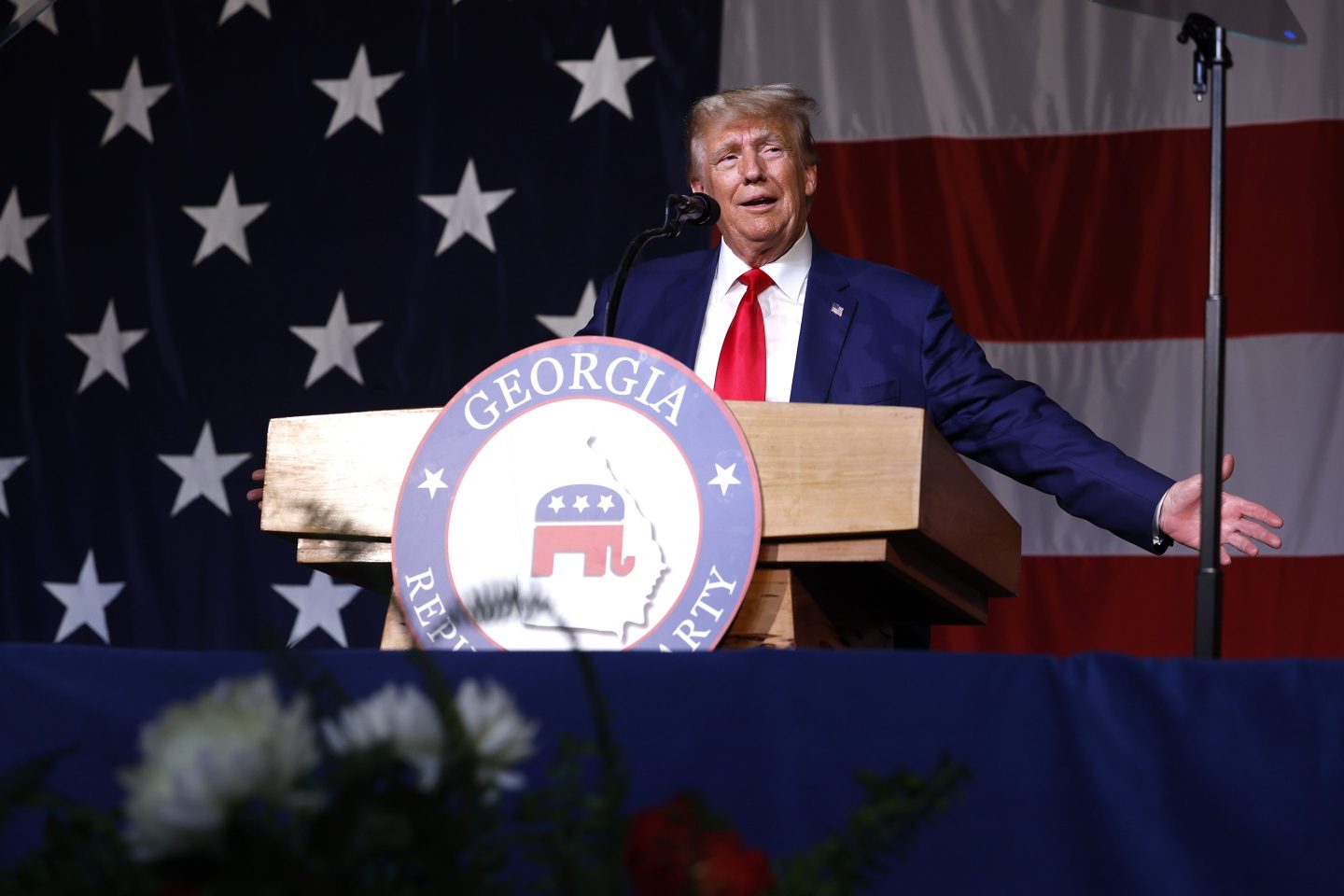 Donald Trump delivers remarks during the Georgia state GOP convention Saturday in Columbus, Georgia.