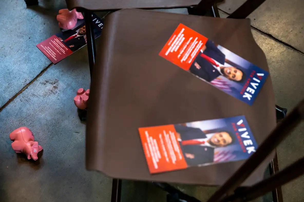 Campaign literature for Republican presidential candidate Vivek Ramaswamy is seen during the annual Roast and Ride fundraiser for U.S. Sen. Joni Ernst on Jun. 3 in Des Moines, Iowa.