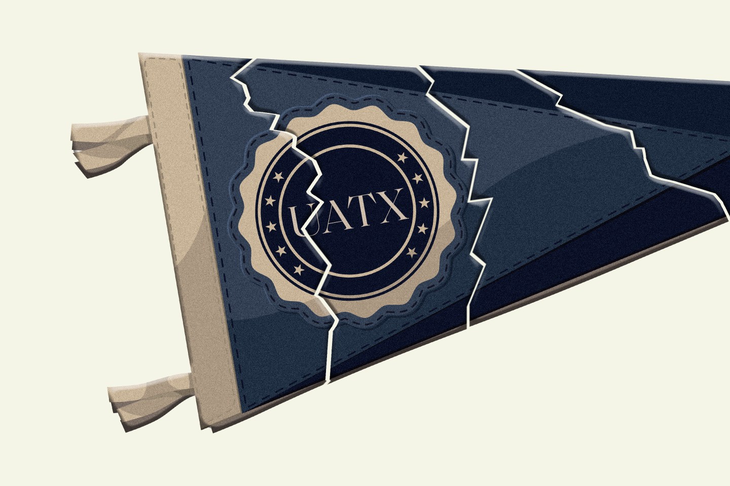 Photo illustration of college pennant torn with UATX logo.