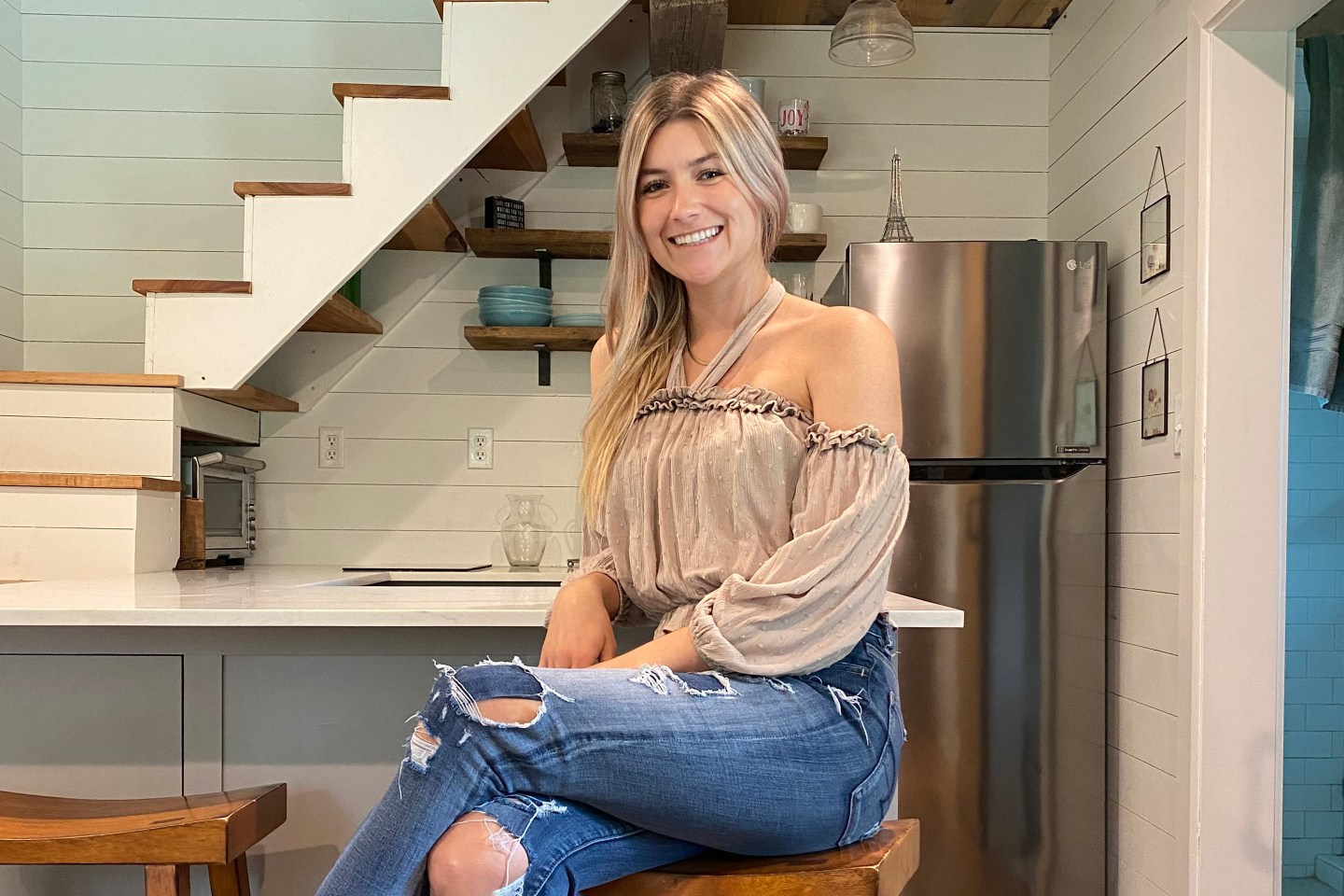 Mckean Matson in her tiny home on her parents' property in College Station, TX.