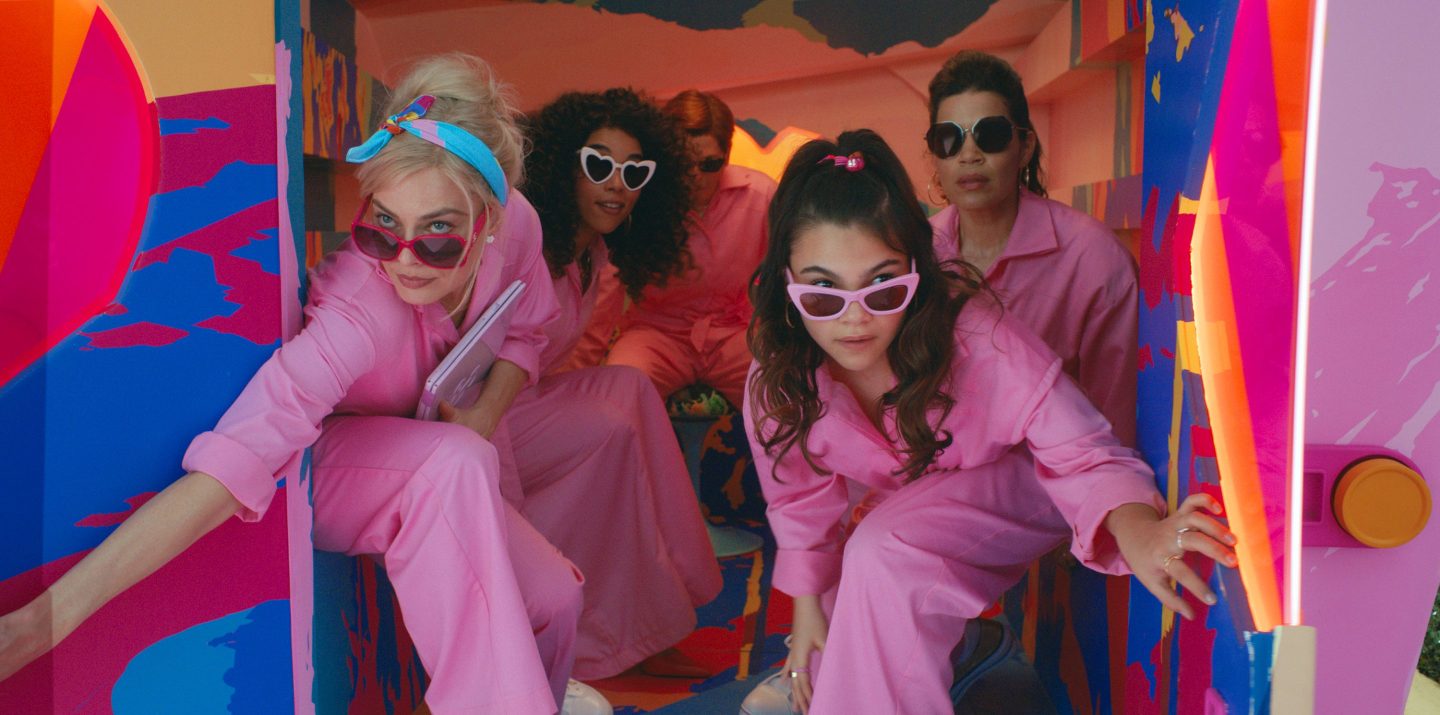 Margot Robbie, from left, Alexandra Shipp, Michael Cera, Ariana Greenblatt and America Ferrera in a scene from "Barbie."