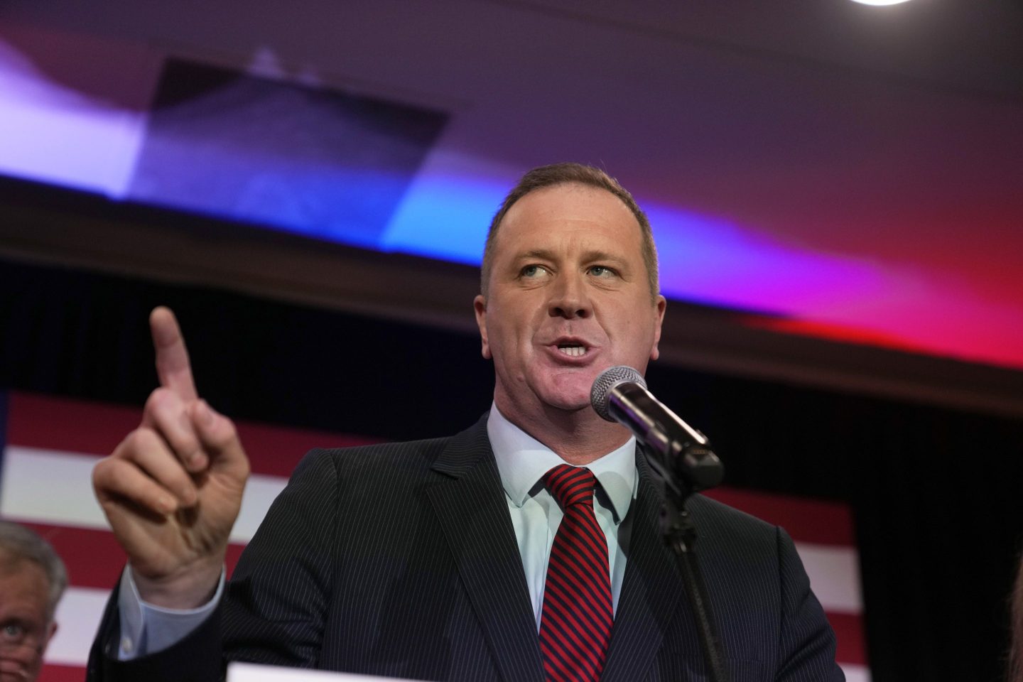 Republican U.S. Sen.-elect and Missouri Attorney General Eric Schmitt delivers a victory speech, Nov. 8, 2022, in Maryland Heights, Mo.