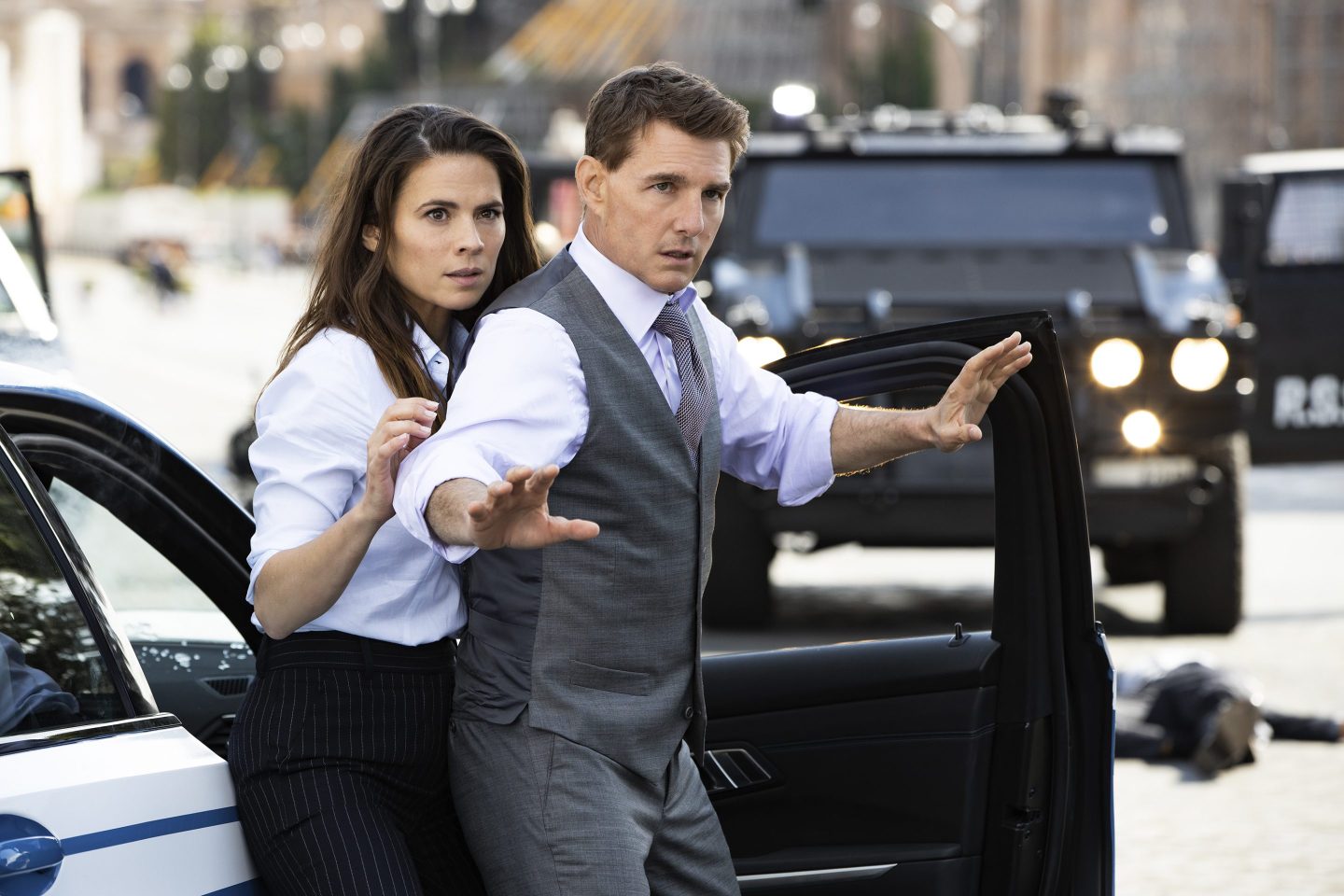 This image released by Paramount Pictures shows Hayley Atwell, left, and Tom Cruise in a scene from &#8220;Mission: Impossible &#8211; Dead Reckoning, Part One.&#8221; (Paramount Pictures via AP)