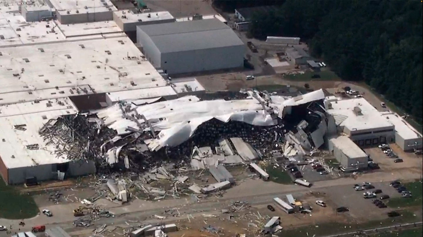 The Pfizer plant is damaged after severe weather passed the area on July 19, 2023 in Rocky Mount, N.C.