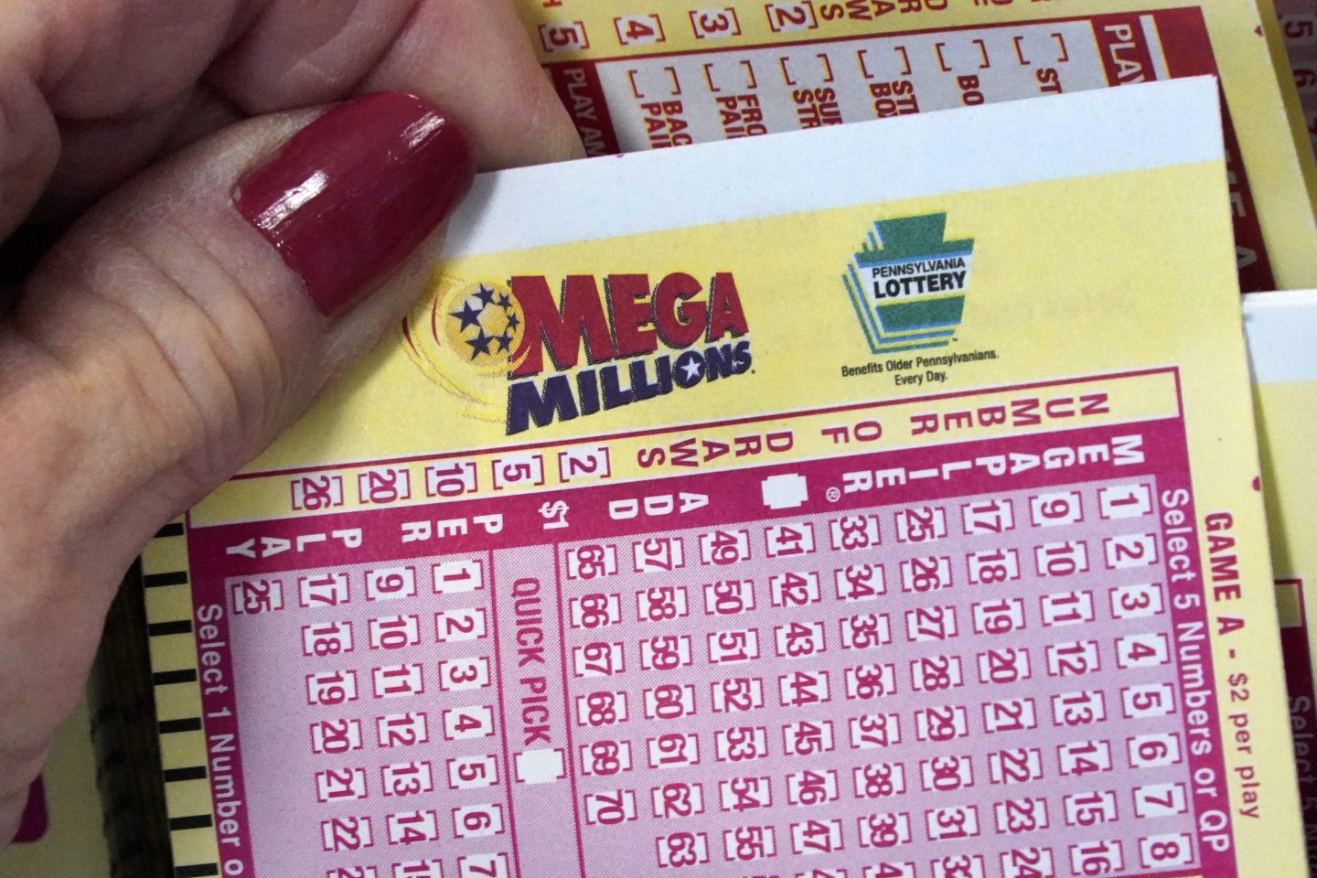 A Mega Millions wagering slip in Cranberry Township, Pa., Jan. 12, 2023.