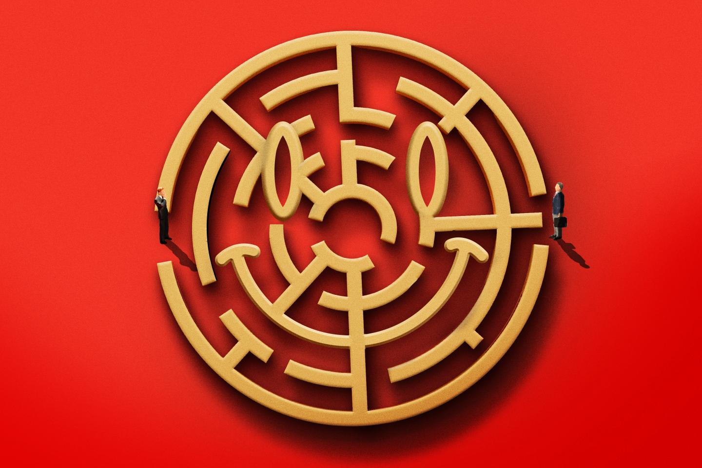 Illustration of a maze in the shape of a smiley-face.
