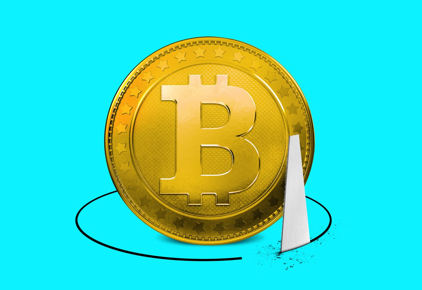 A saw cuts a circle around a coin with the Bitcoin logo.