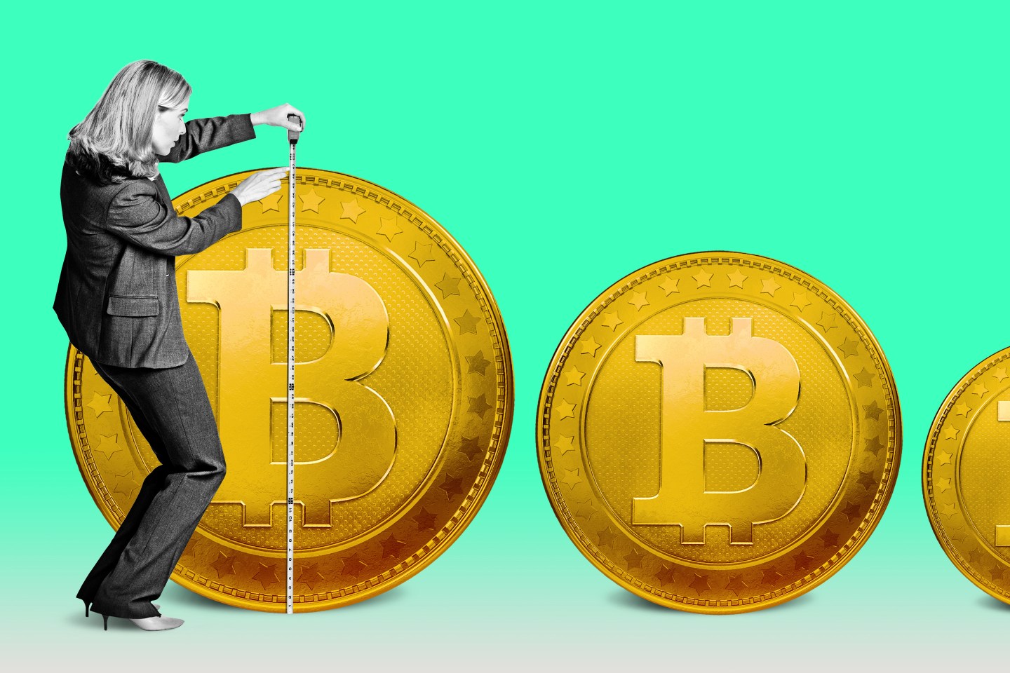 Artistic representation of a woman measuring a number of Bitcoins with a tape measure