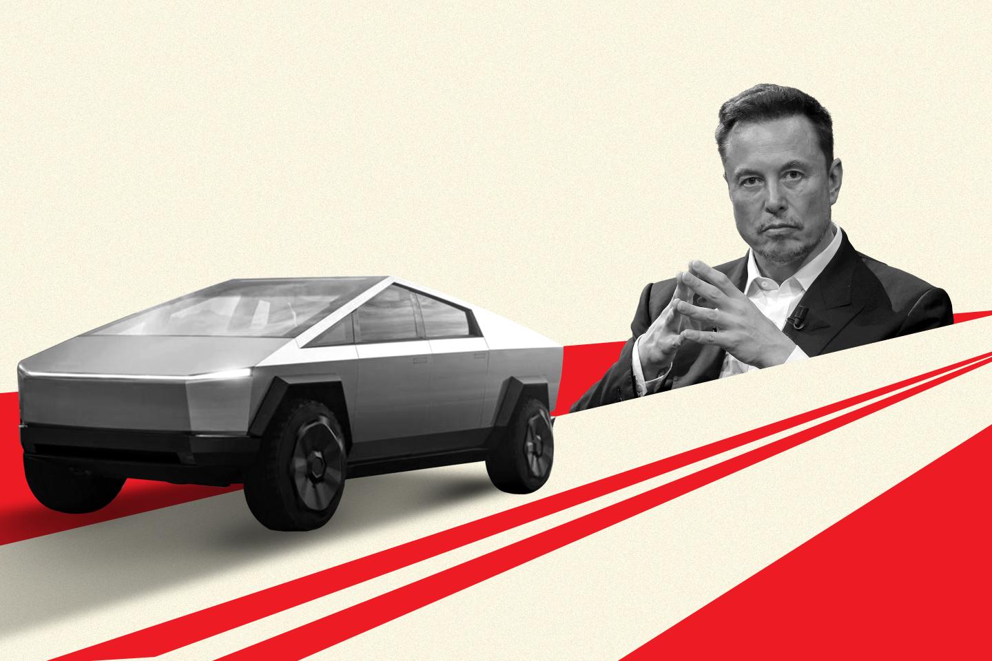 Photo illustration of the Tesla Cybertruck and Elon Musk over red shapes that represent a two lane road.