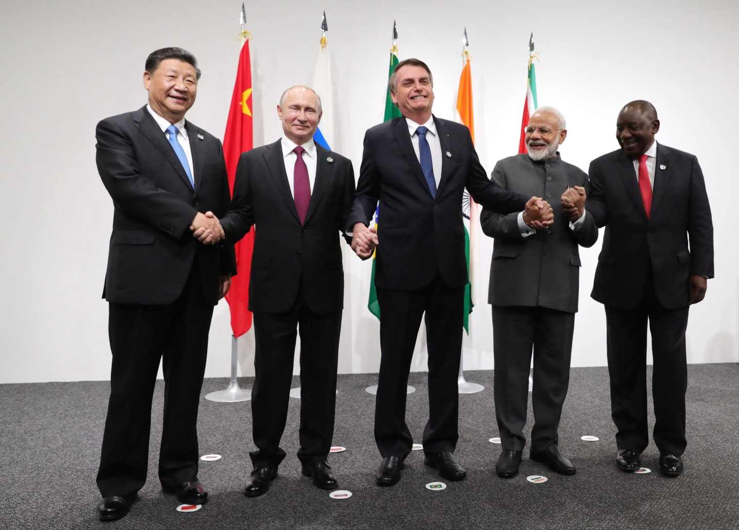 Xi Jinping, Russian President Vladimir Putin, Brazilian President Jair Bolsonaro, India's Prime Minister Narendra Modi and South African President Cyril Ramaphosa