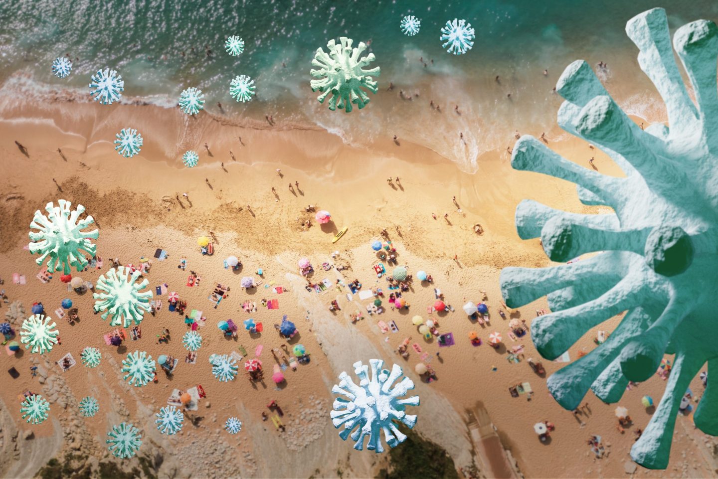 Artistic rendering of a crowded beach and coronaviruses on top of it