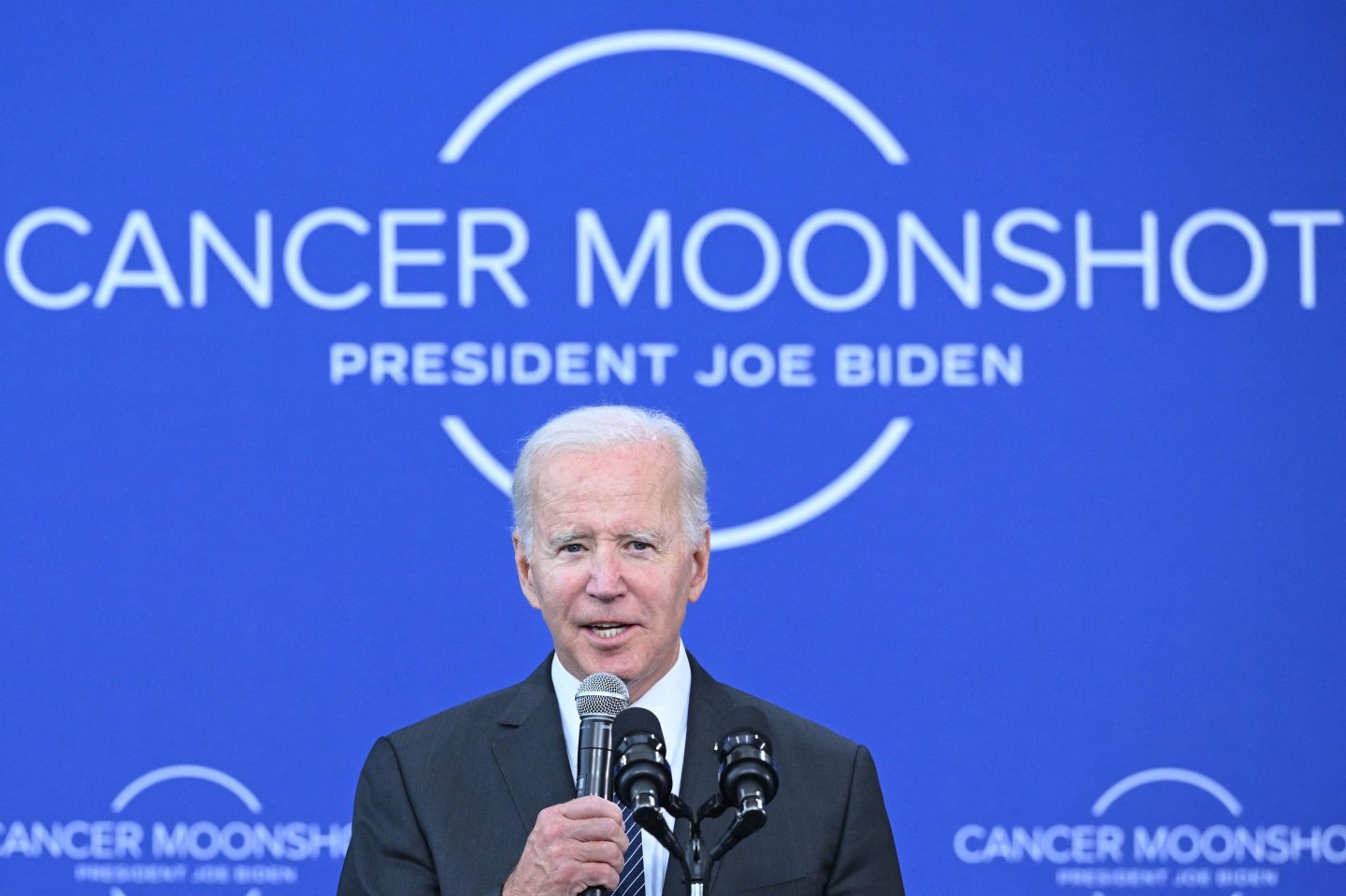 US President Joe Biden delivers remarks about his Cancer Moonshot at the John F. Kennedy Library and Museum in Boston on Sep. 12, 2022–the 60th anniversary of President John F. Kennedy's "Moonshot" speech.