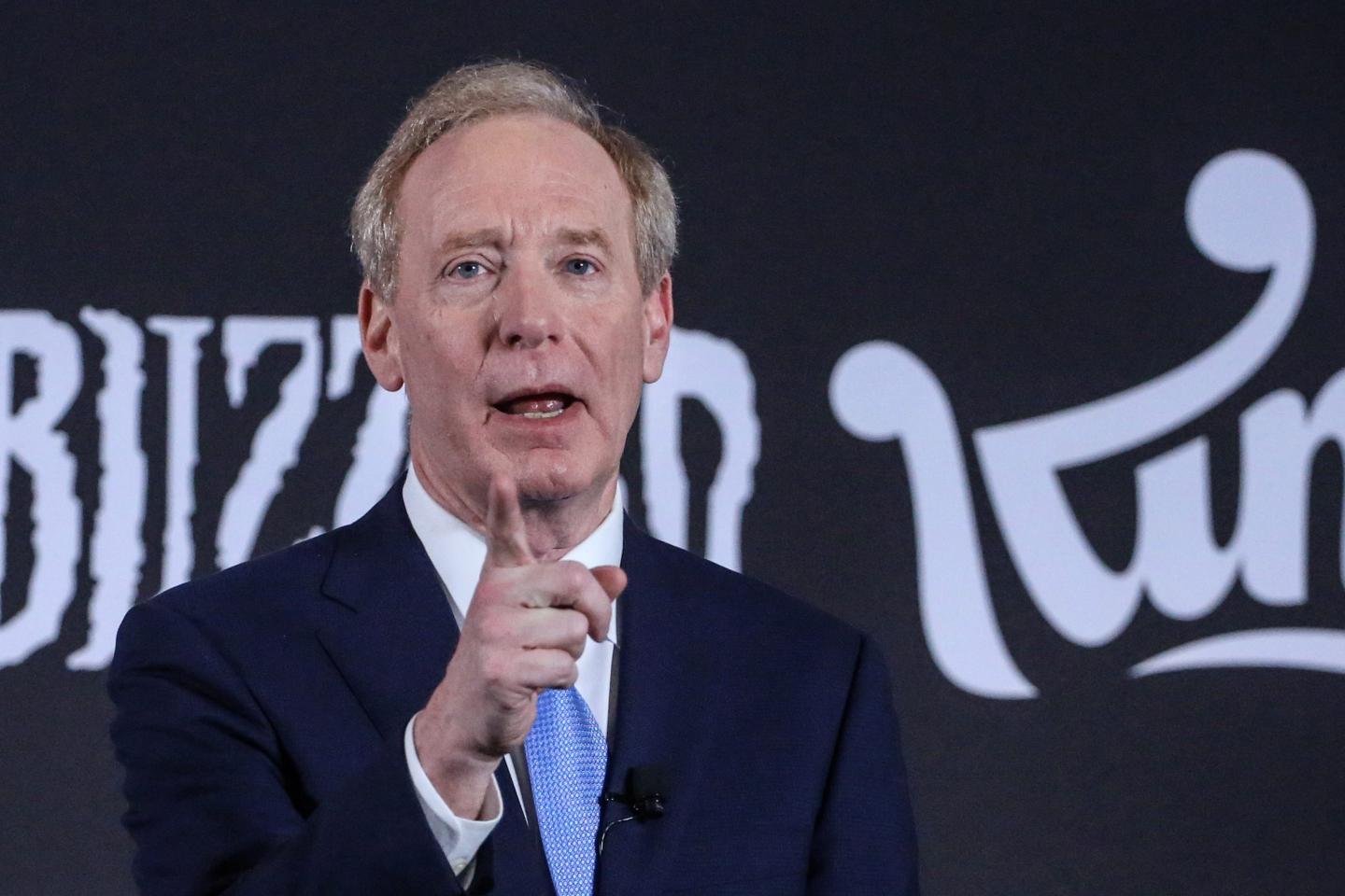Brad Smith, president of Microsoft Corp., during a news conference in Brussels, Belgium, on Tuesday, Feb. 21. 2023.