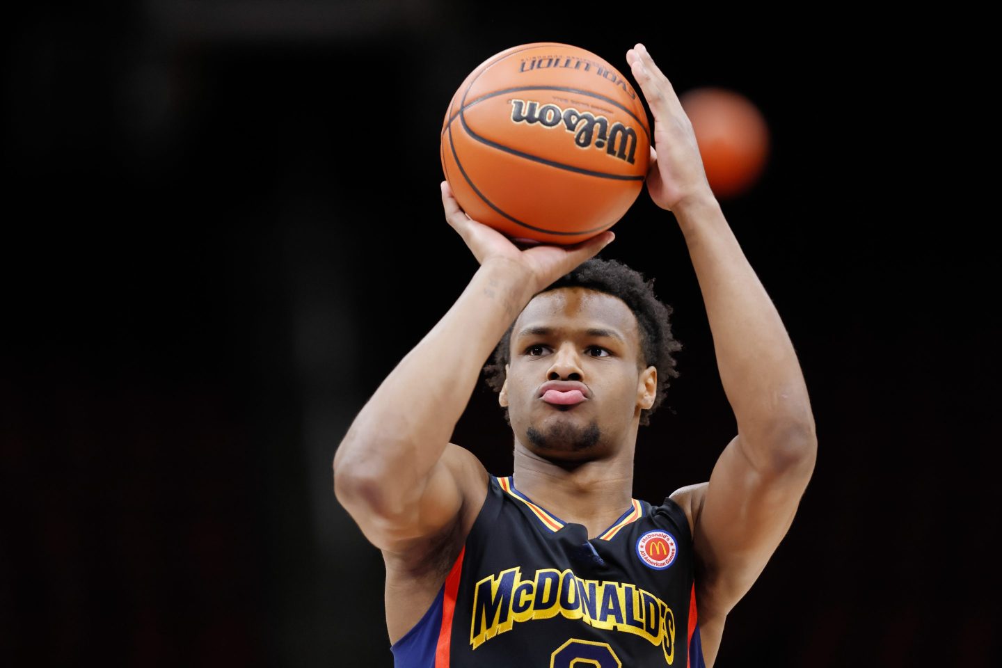HOUSTON, TX - MARCH 28: Bronny James #6 of McDonald's All American Boys West is seen before the McDonalds All American Basketball Games at Toyota Center on March 28, 2023 in Houston, Texas. (Photo by Michael Hickey/Getty Images)