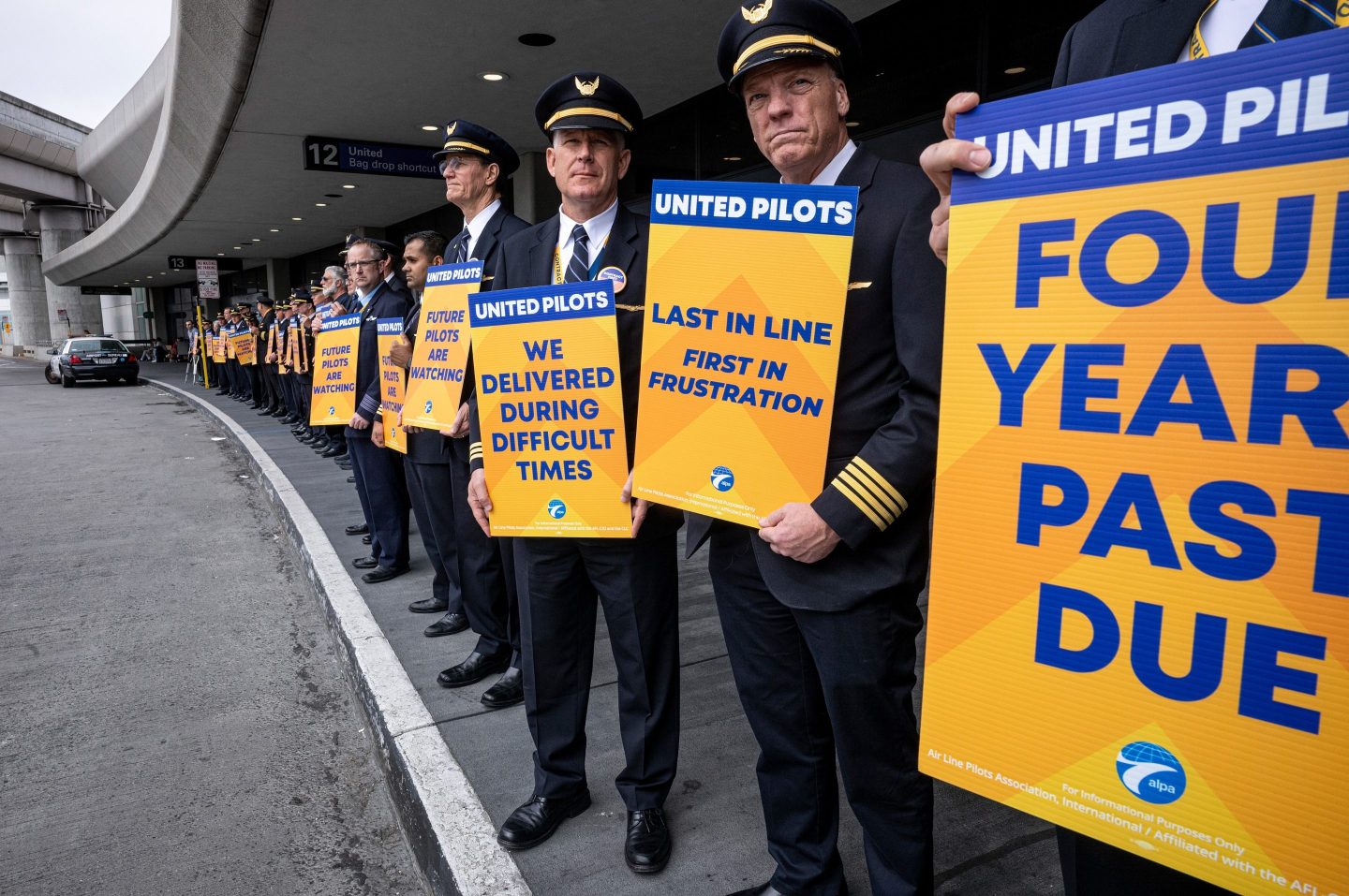 United Airlines pilots picket on May 12, 2023.