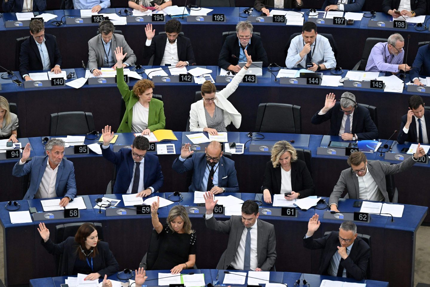 Members of the European Parliament take part in a voting session about the Artificial Intelligence Act during a plenary session at the European Parliament in Strasbourg on Jun. 14.