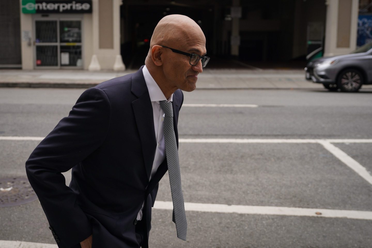 Microsoft CEO Satya Nadella arrives at federal court on June 28, 2023 in San Francisco, California.