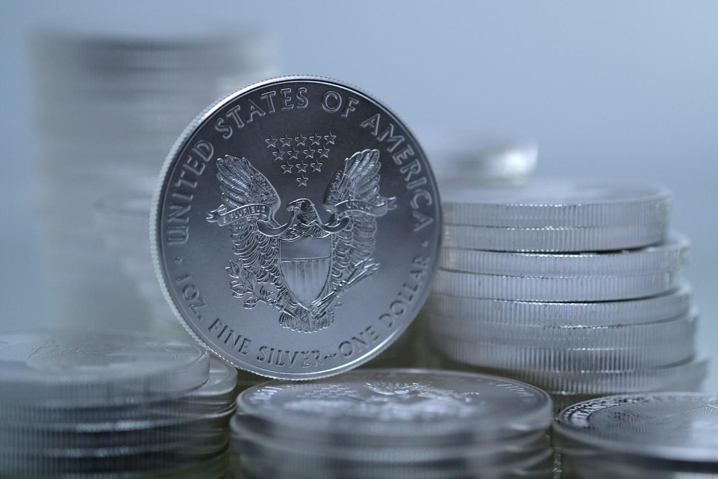one-ounce American Silver Eagle bullion coin is placed among one-ounce silver bullion coins on March 14, 2021 in Katwijk, Netherlands.