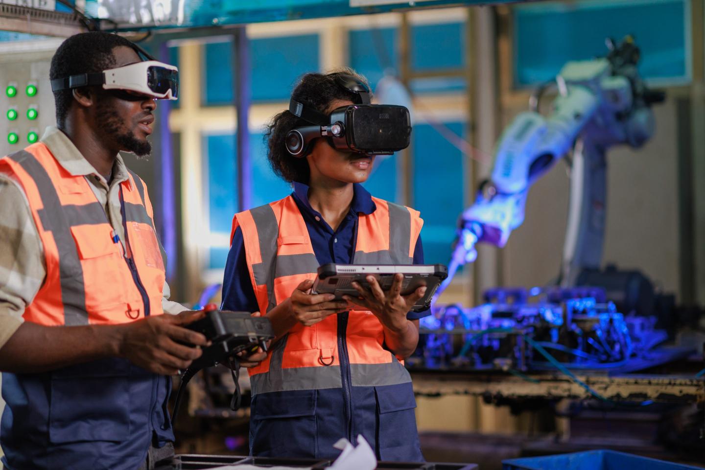 Two factory workers wearing VR headsets fix a robotic arm.