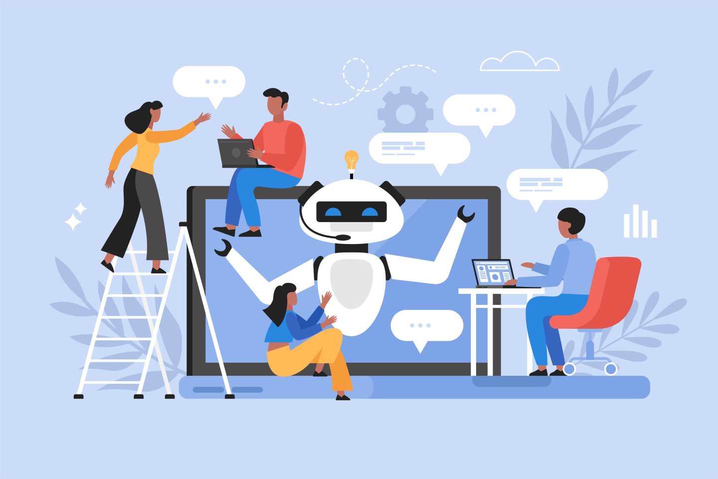 Modern vector illustration of people using AI technology and talking to chatbot on website