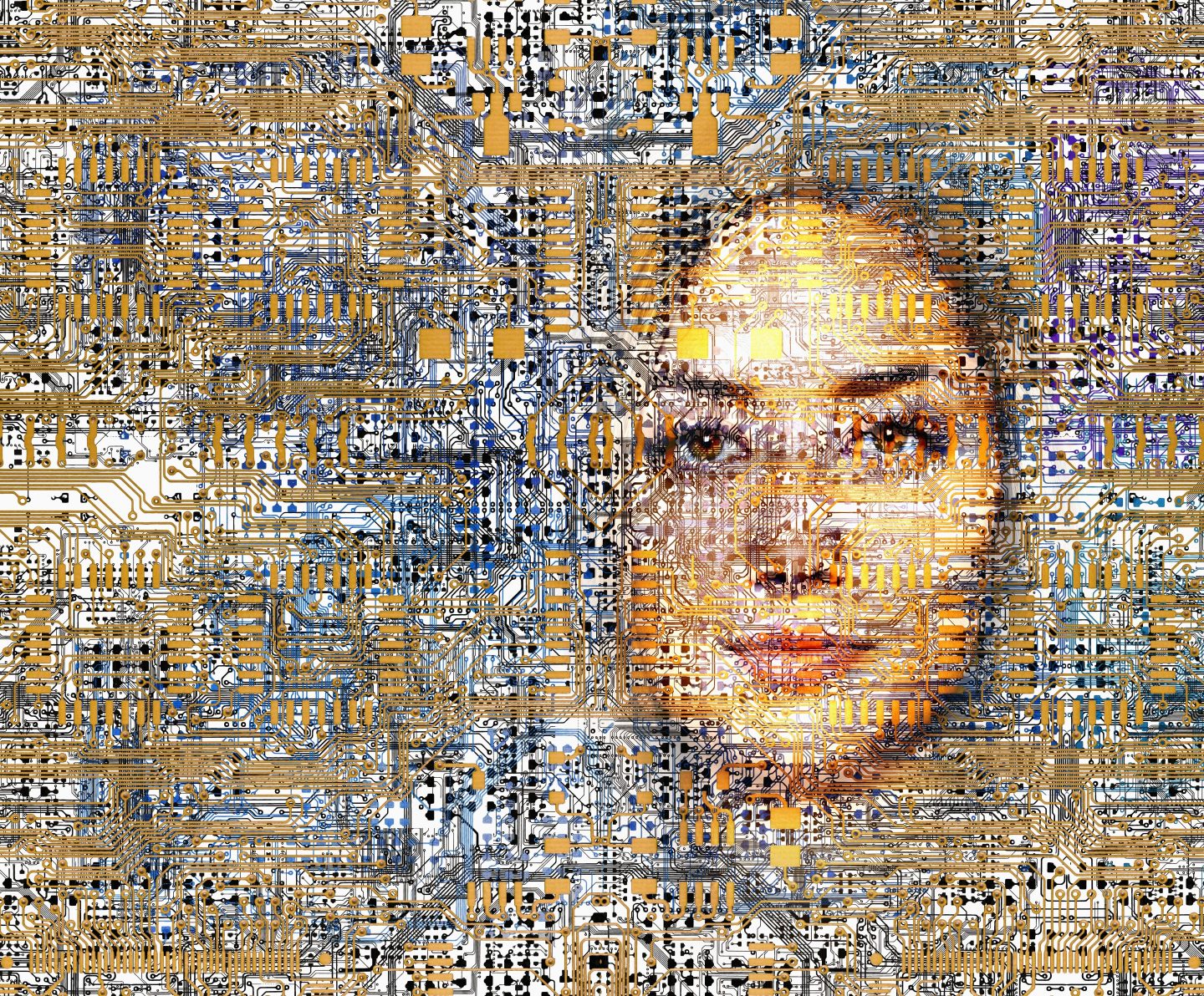 Complex computer circuitry is montaged with a person's head i