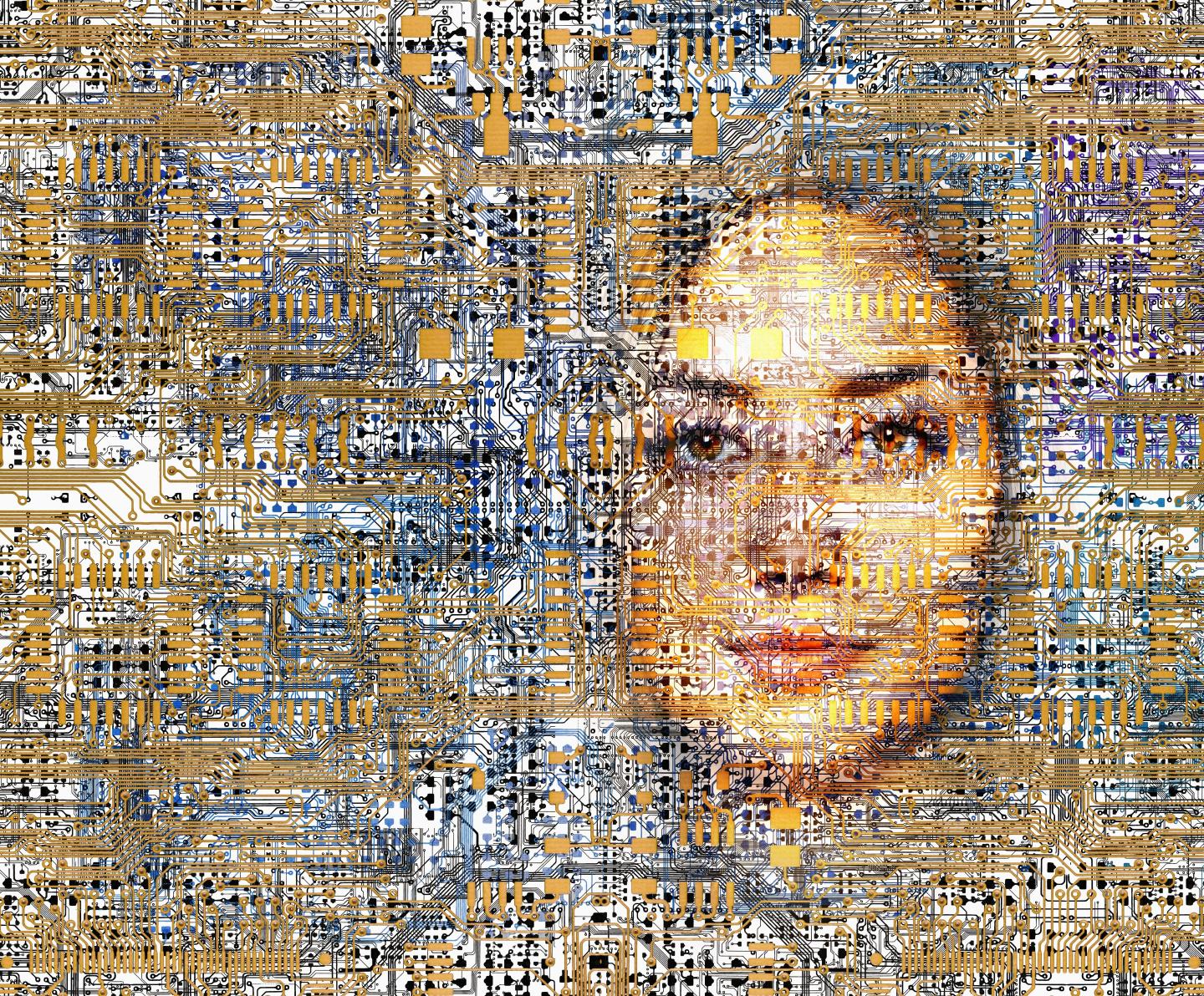 Complex computer circuitry is montaged with a person's head i