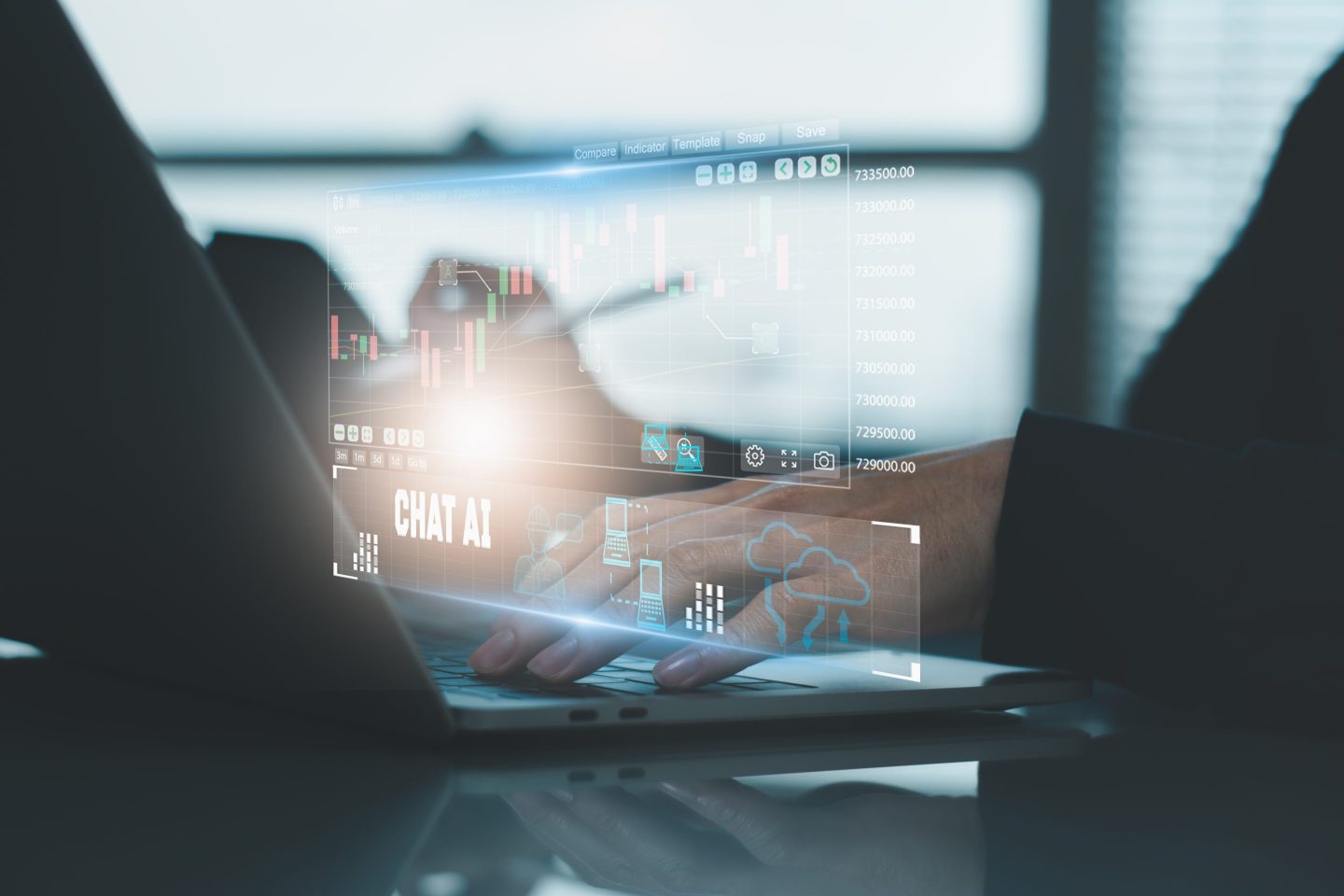 Engineer using laptop computer Create set command prompt teach AI learning stock trad, search process. develop intelligent systems. chatbot chat Artificial Intelligence system support developed