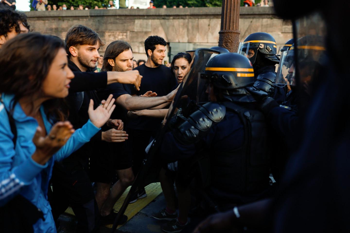 People demonstrate in Concorde on June 30, 2023 in Paris, France. A 17 year old was killed by police on June 27th during a traffic stop near Nanterre