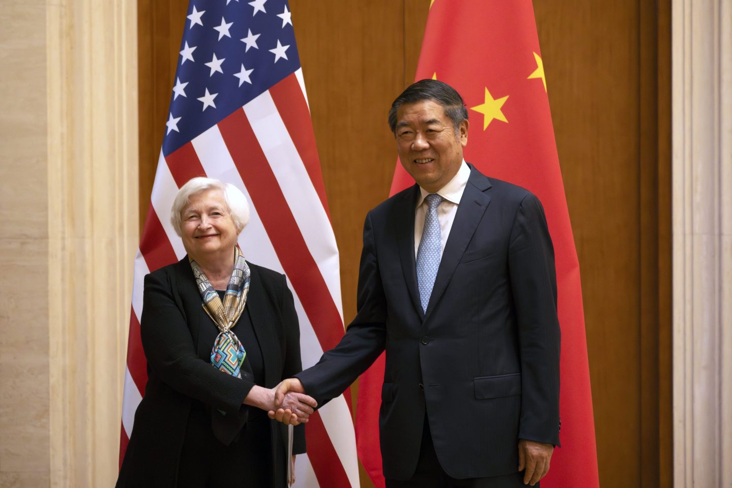 U.S. Treasury Secretary Janet Yellen (L) shakes hands with Chinese Vice Premier He Lifeng during a meeting at the Diaoyutai State Guesthouse on July 8, 2023 in Beijing.