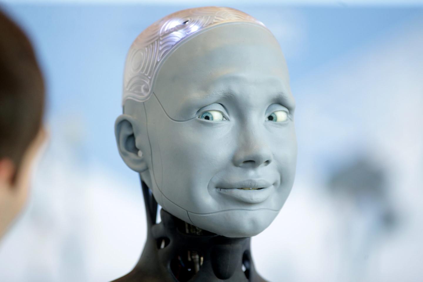 Human shaped robot Ameca of British manufacturer Engineered Arts interacts with visitors on July 06, 2023 in Geneva, Switzerland.