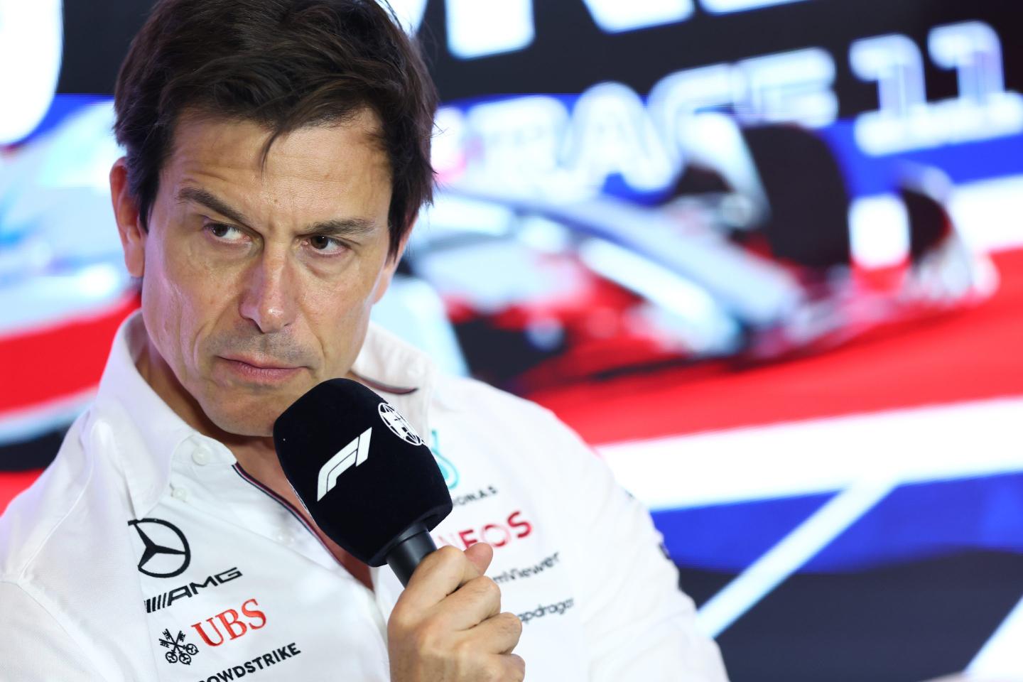 Mercedes GP Executive Director Toto Wolff attends the Team Principals Press Conference during practice ahead of the F1 Grand Prix of Great Britain at Silverstone Circuit on July 07, 2023 in Northampton, England.