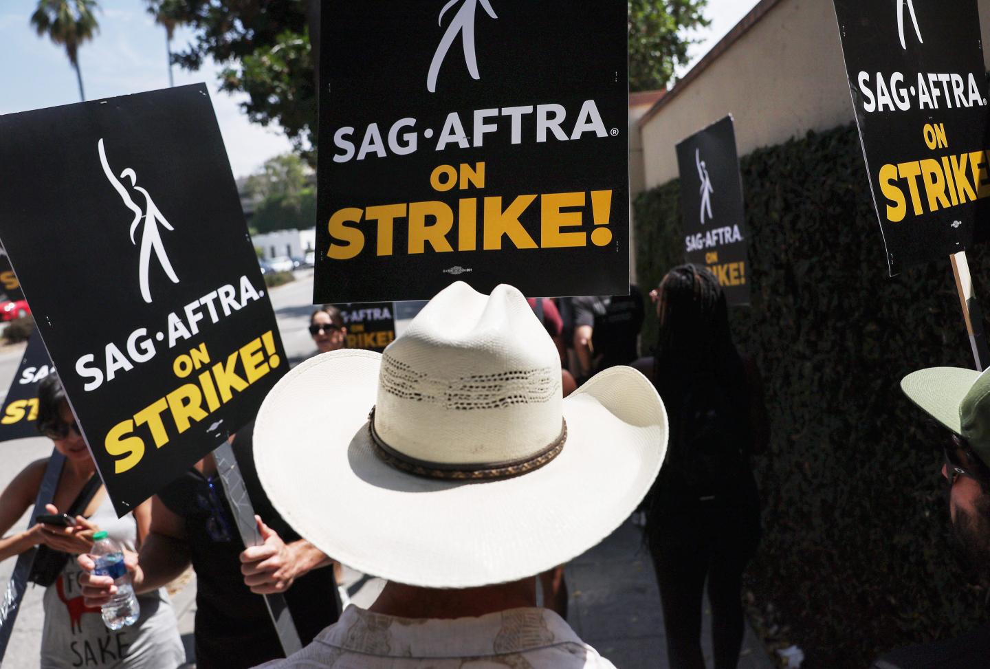 Striking Hollywood screenwriters in Burbank, Calif.
