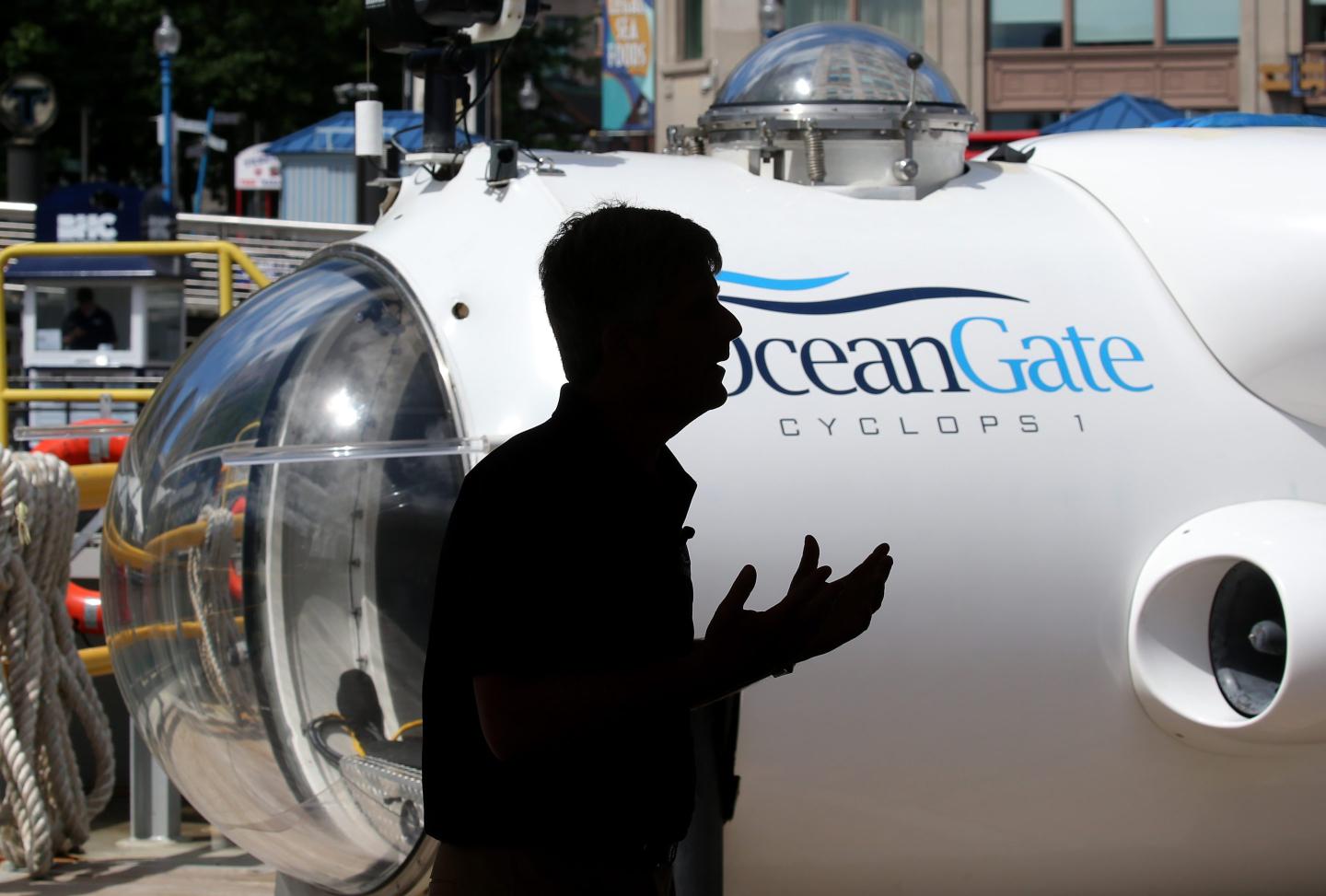 Stockton Rush, OceanGate CEO, speaks at a press conference next to the company's Cyclops 1 submersible.